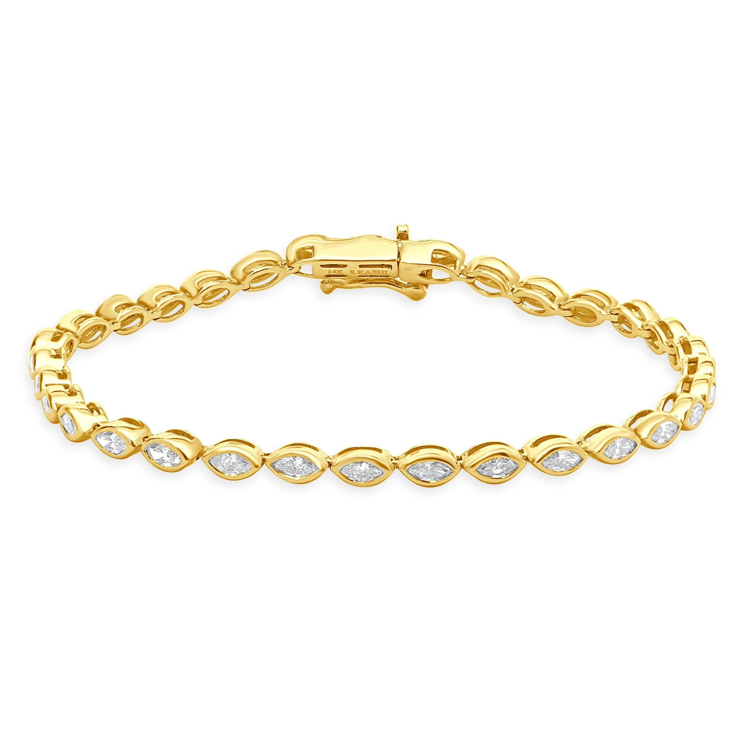 14 Karat Yellow Gold Bezel Set Marquise Cut Diamond Inline Tennis Bracelet