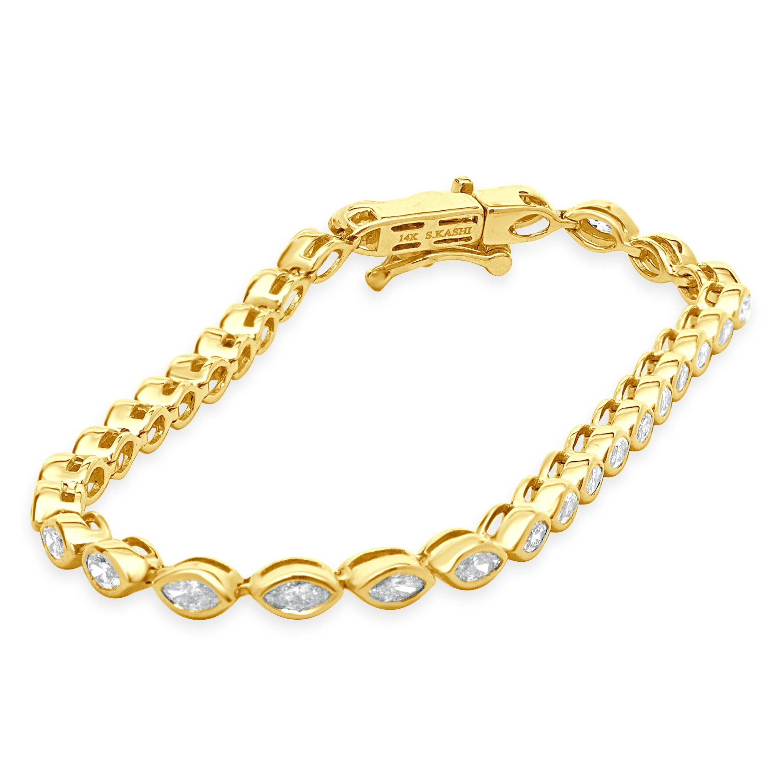14 Karat Yellow Gold Bezel Set Marquise Cut Diamond Inline Tennis Bracelet - Image 2