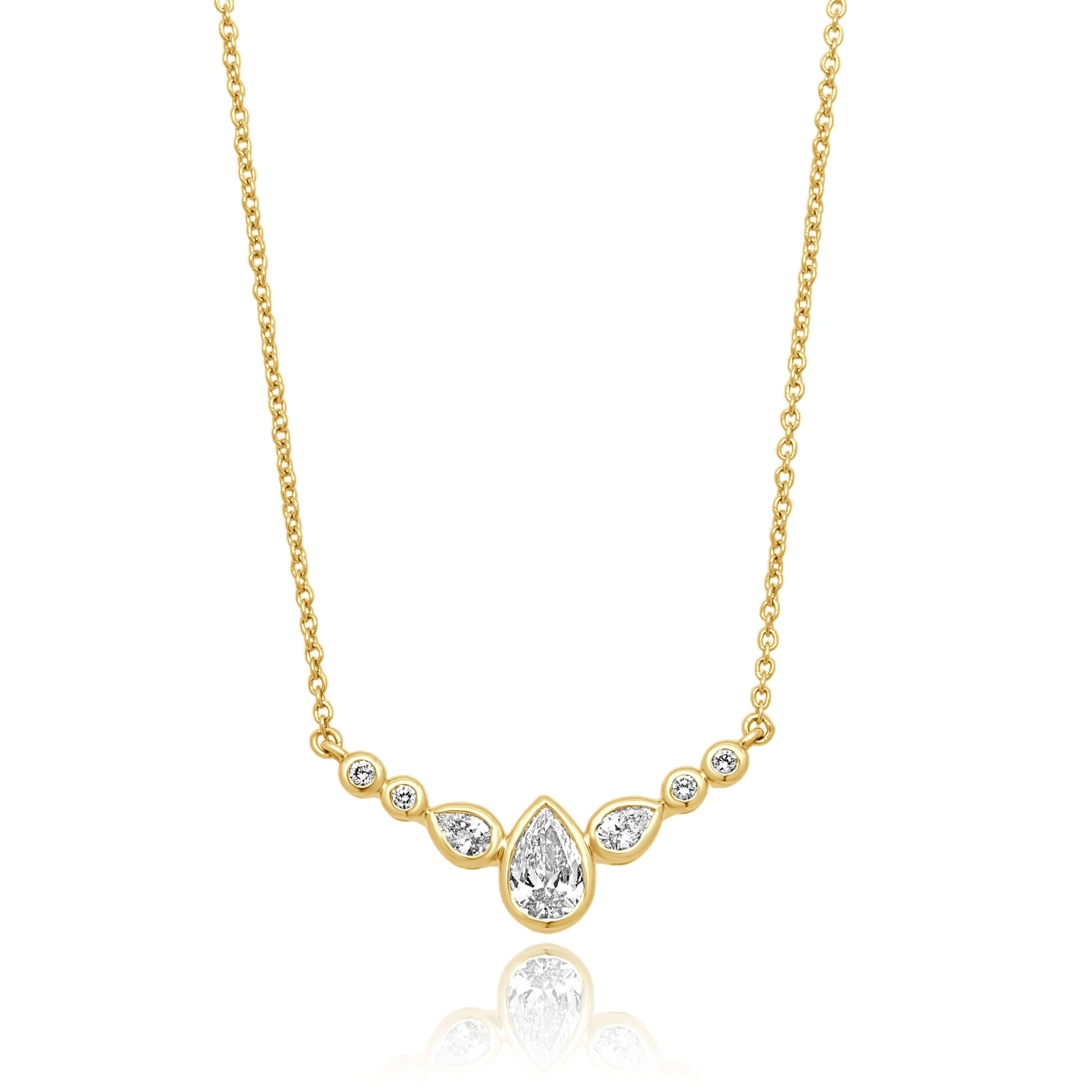 14 Karat Yellow Gold Bezel Set Pear Cut and Round Diamond Smile Necklace