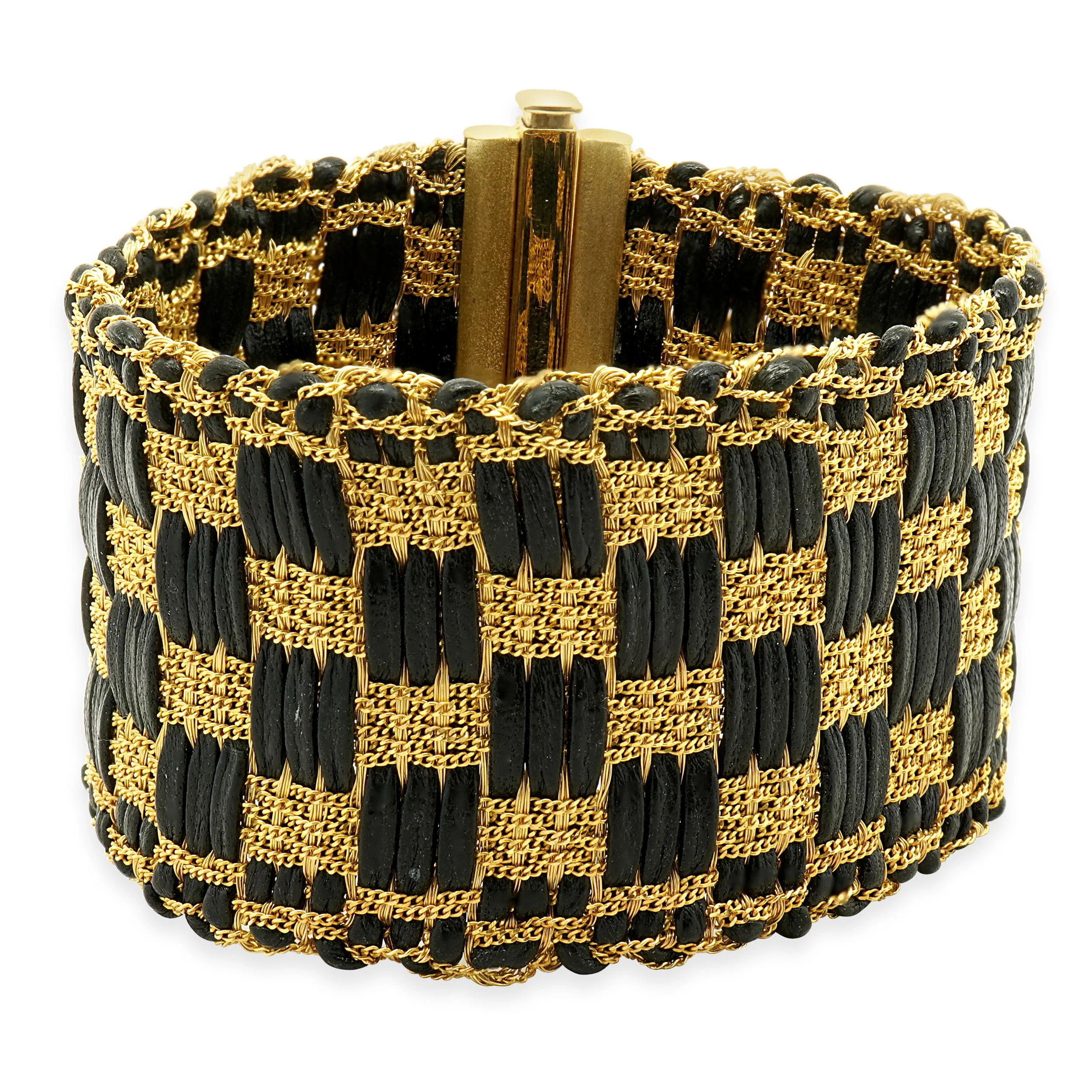 14 Karat Yellow Gold Black Leather Bracelet - Image 2