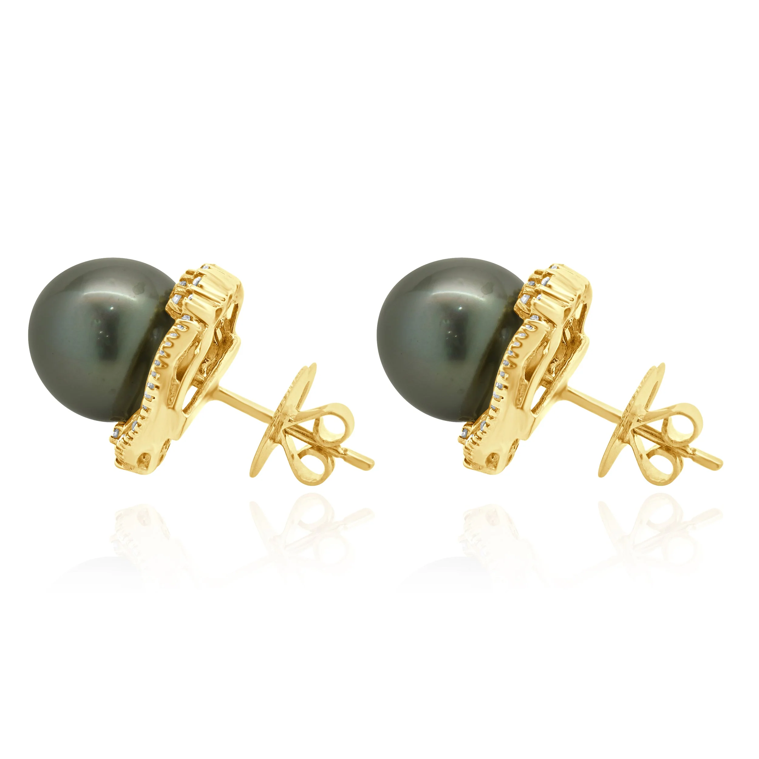 14 Karat Yellow Gold Black Pearl and Diamond Halo Earrings - Image 2