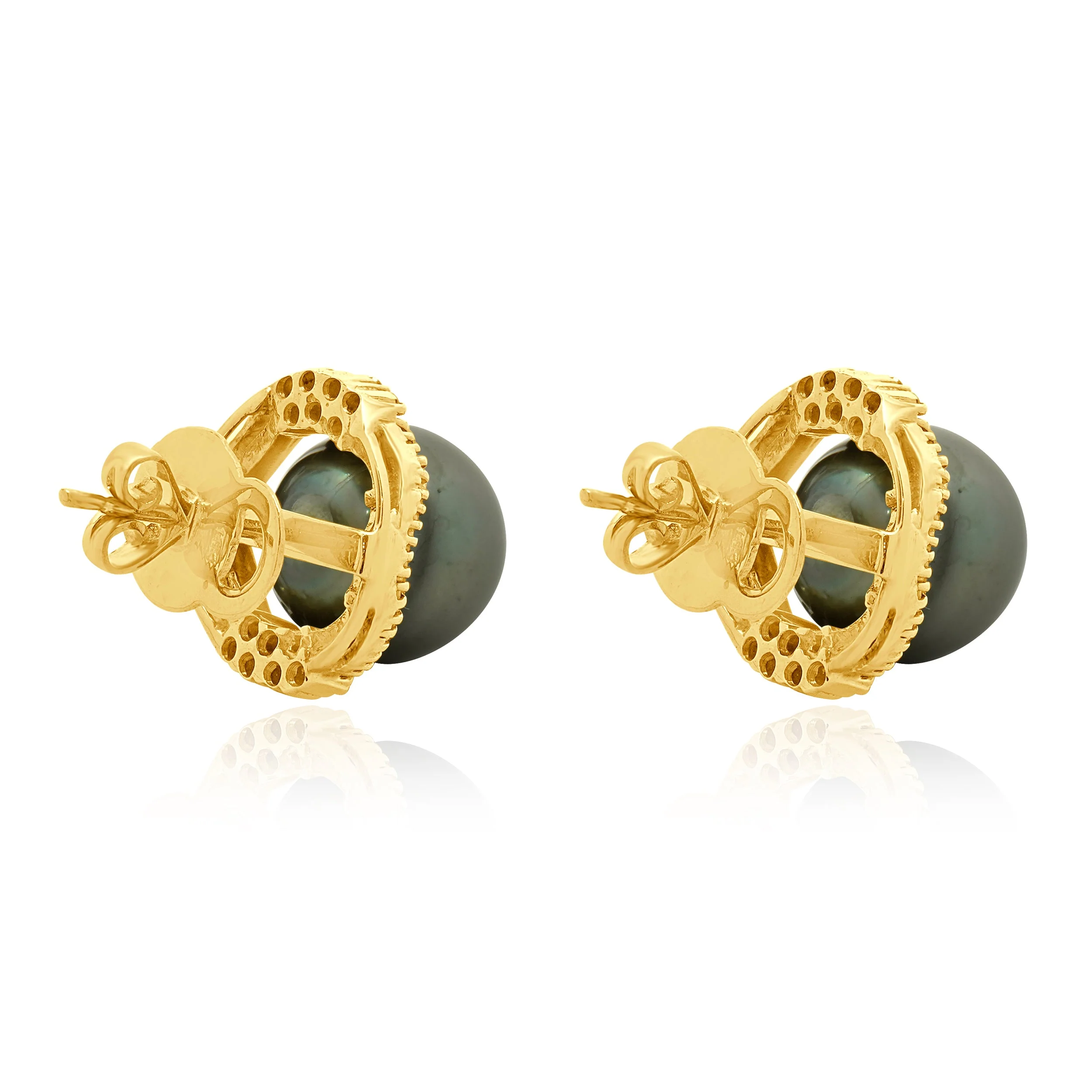 14 Karat Yellow Gold Black Pearl and Diamond Halo Earrings - Image 3
