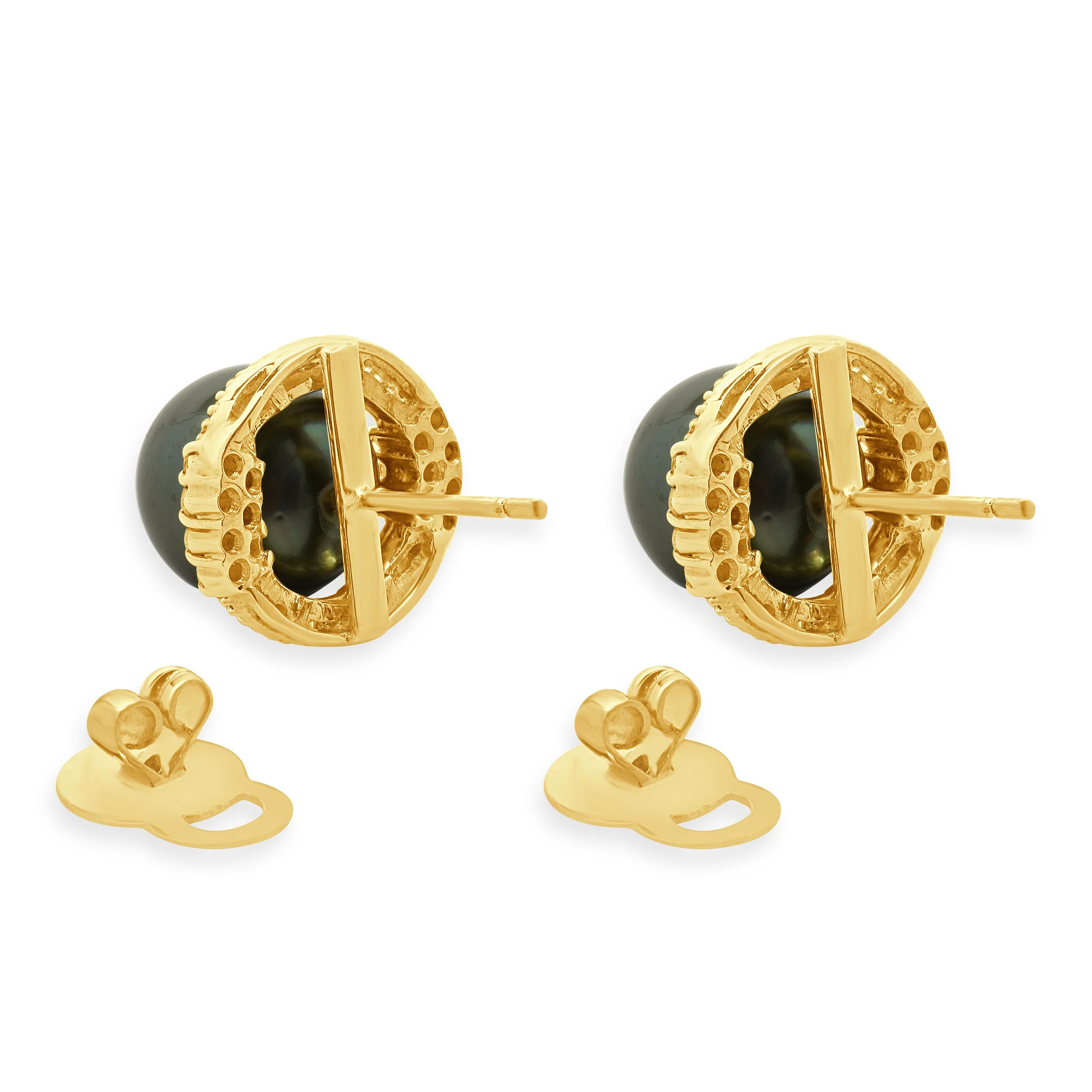 14 Karat Yellow Gold Black Pearl and Diamond Halo Earrings - Image 4