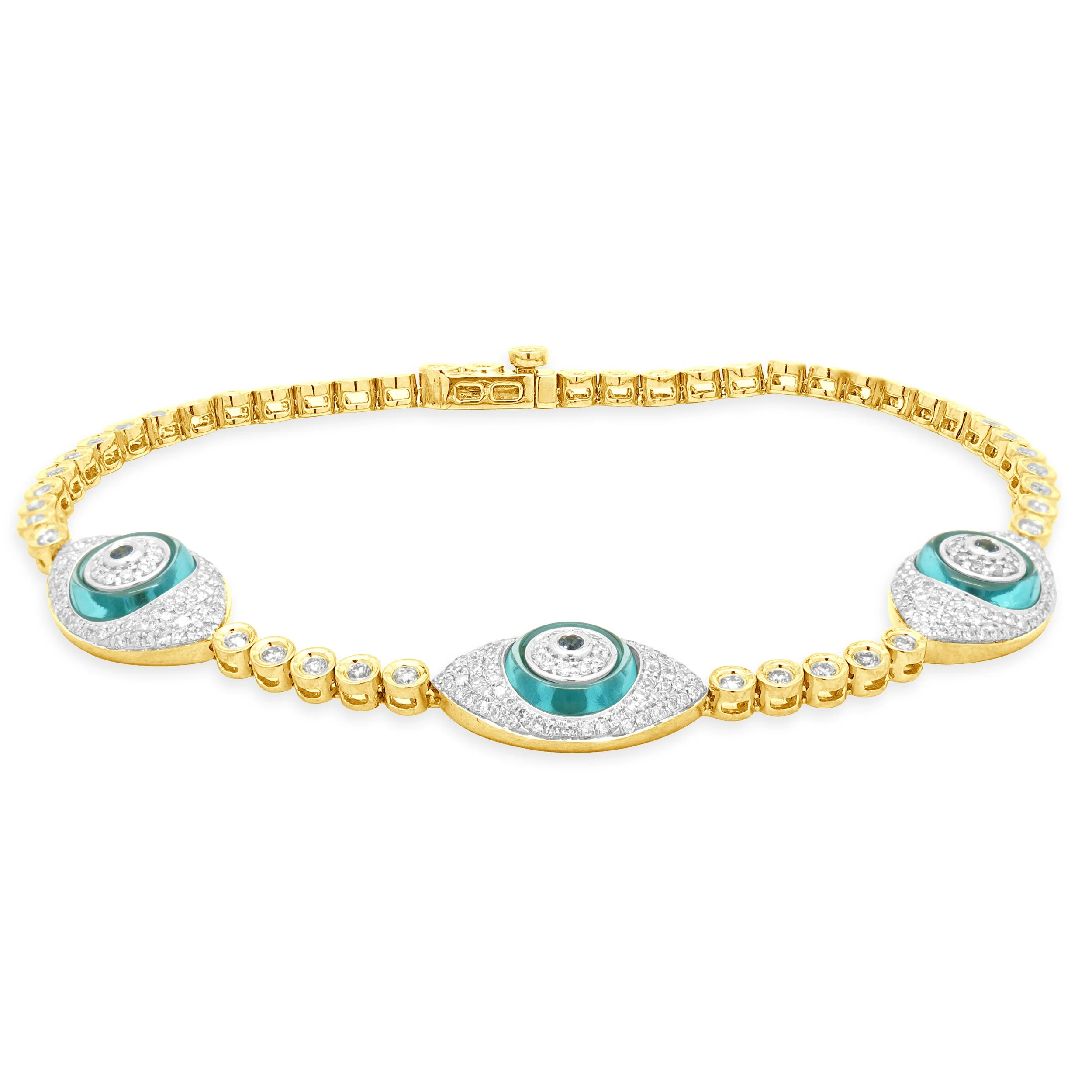 14 Karat Yellow Gold Blue Topaz, Blue Sapphire, and Pave Diamond Evil Eye Station Bracelet 7.0"
