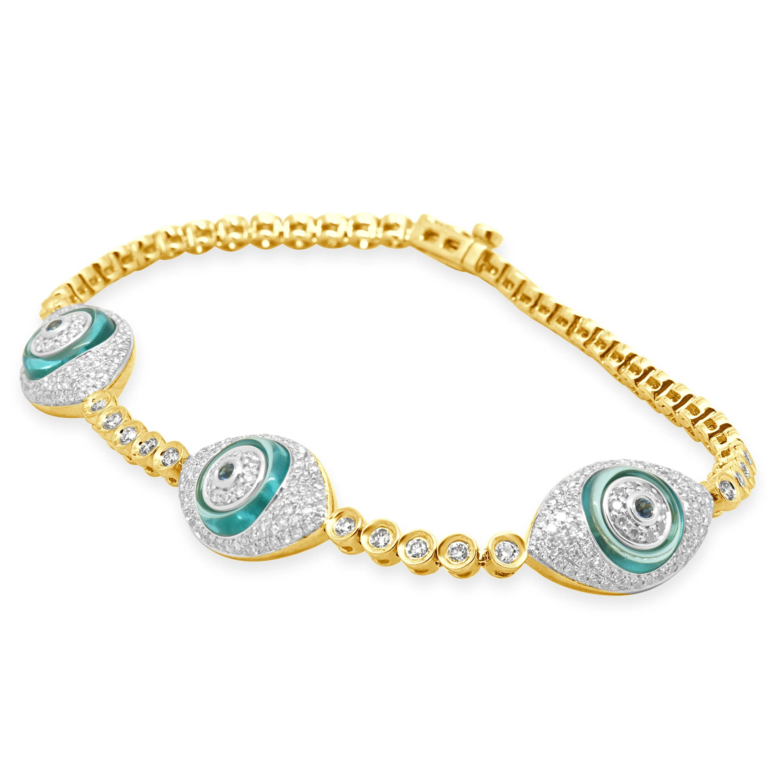 14 Karat Yellow Gold Blue Topaz, Blue Sapphire, and Pave Diamond Evil Eye Station Bracelet 7.0" - Image 2