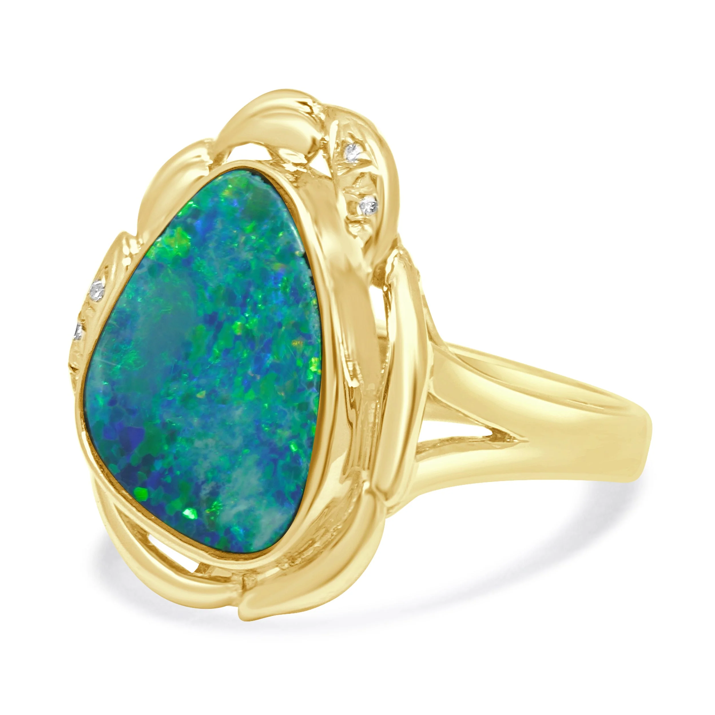 14 Karat Yellow Gold Boulder Opal & Diamond Ring - Image 2