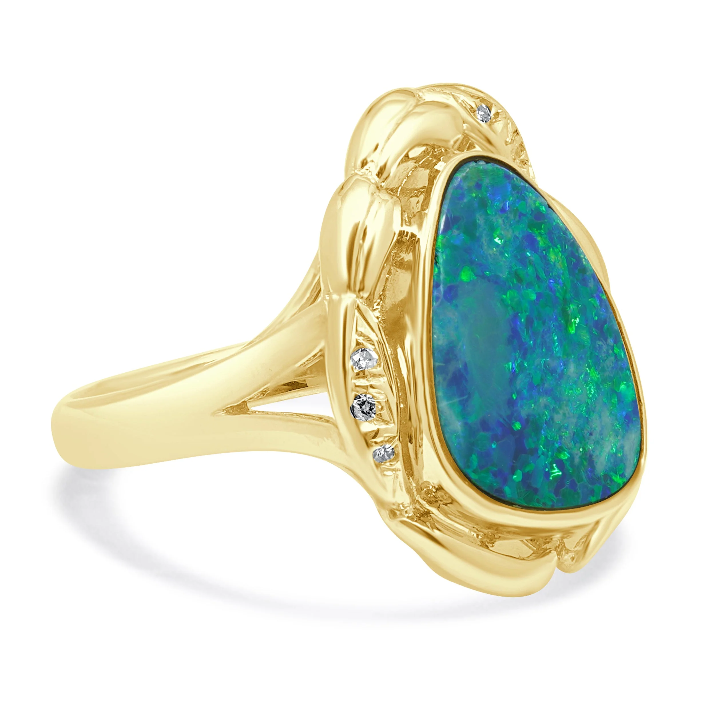 14 Karat Yellow Gold Boulder Opal & Diamond Ring - Image 4