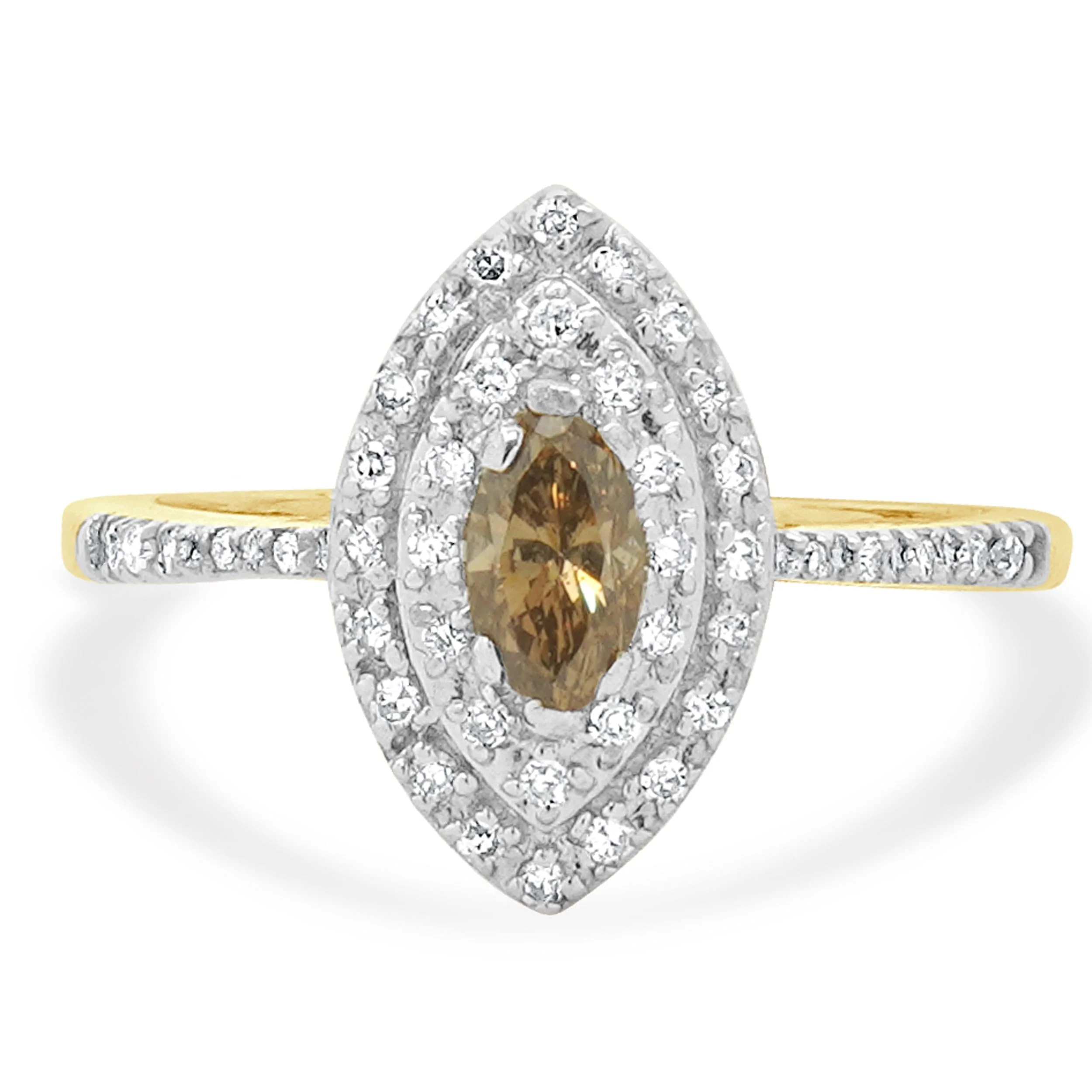 14 Karat Yellow Gold Brown & White Diamond Marquise Shaped Cocktail Ring