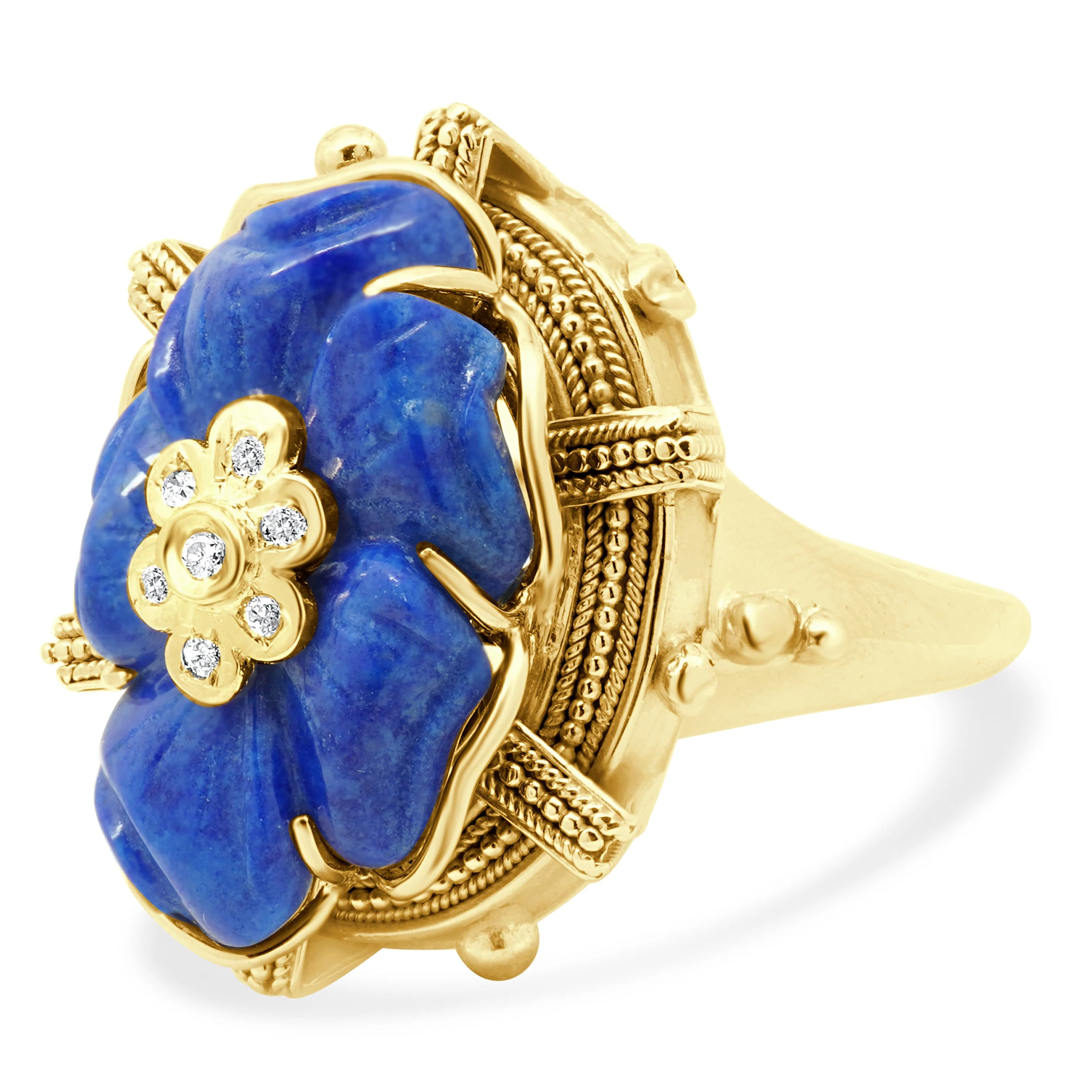 14 Karat Yellow Gold Carved Lapis Flower and Round Diamond Ring - Image 2