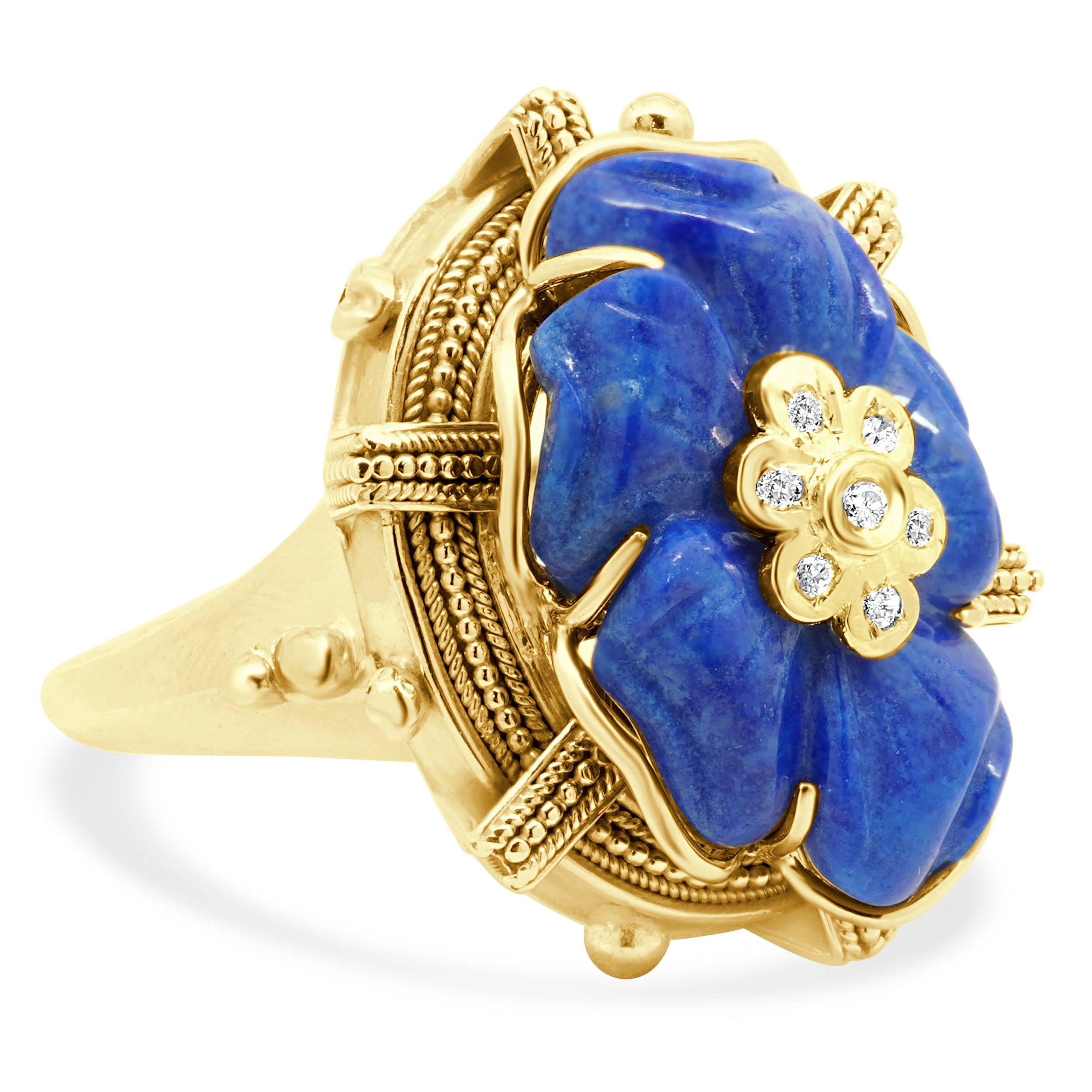 14 Karat Yellow Gold Carved Lapis Flower and Round Diamond Ring - Image 3