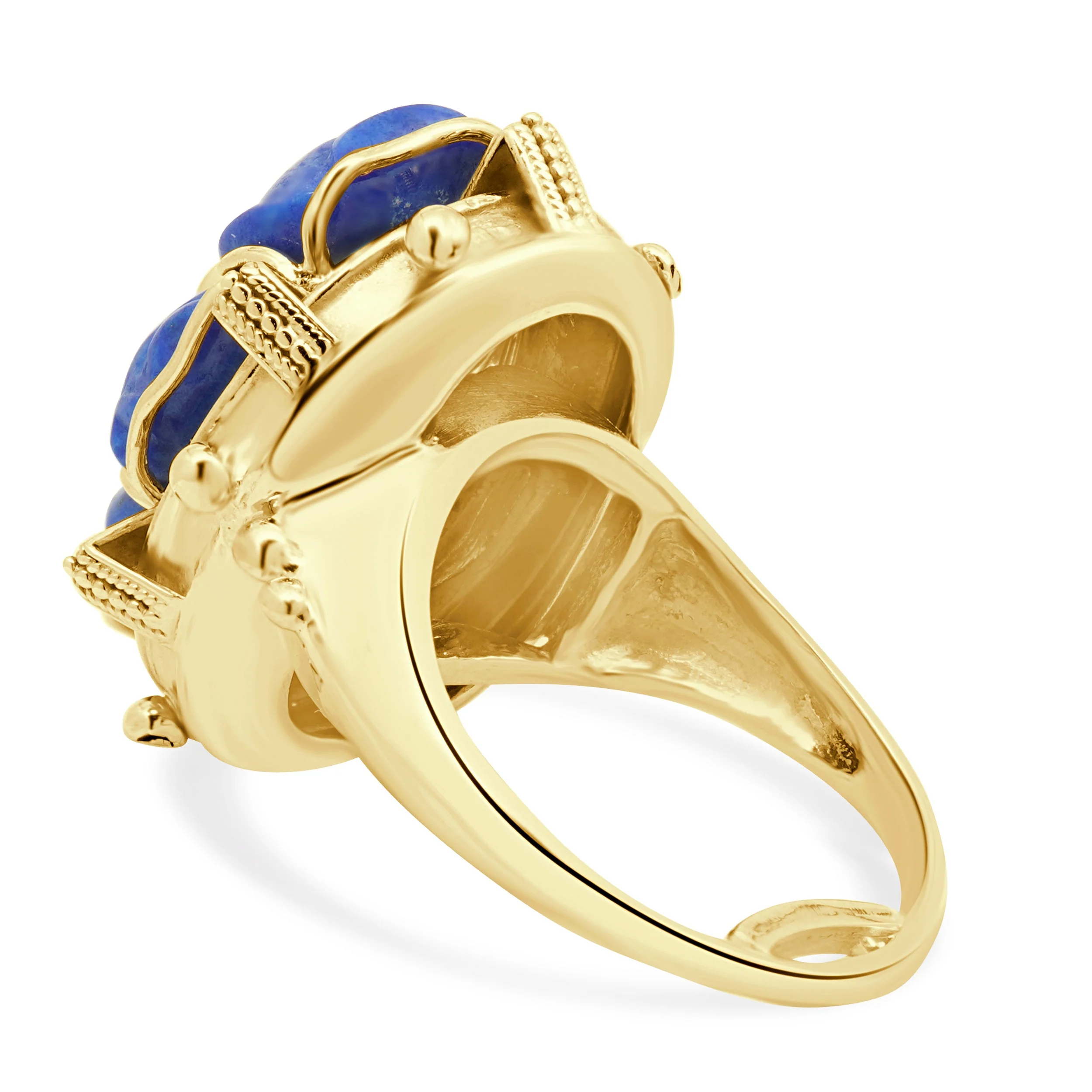 14 Karat Yellow Gold Carved Lapis Flower and Round Diamond Ring - Image 4