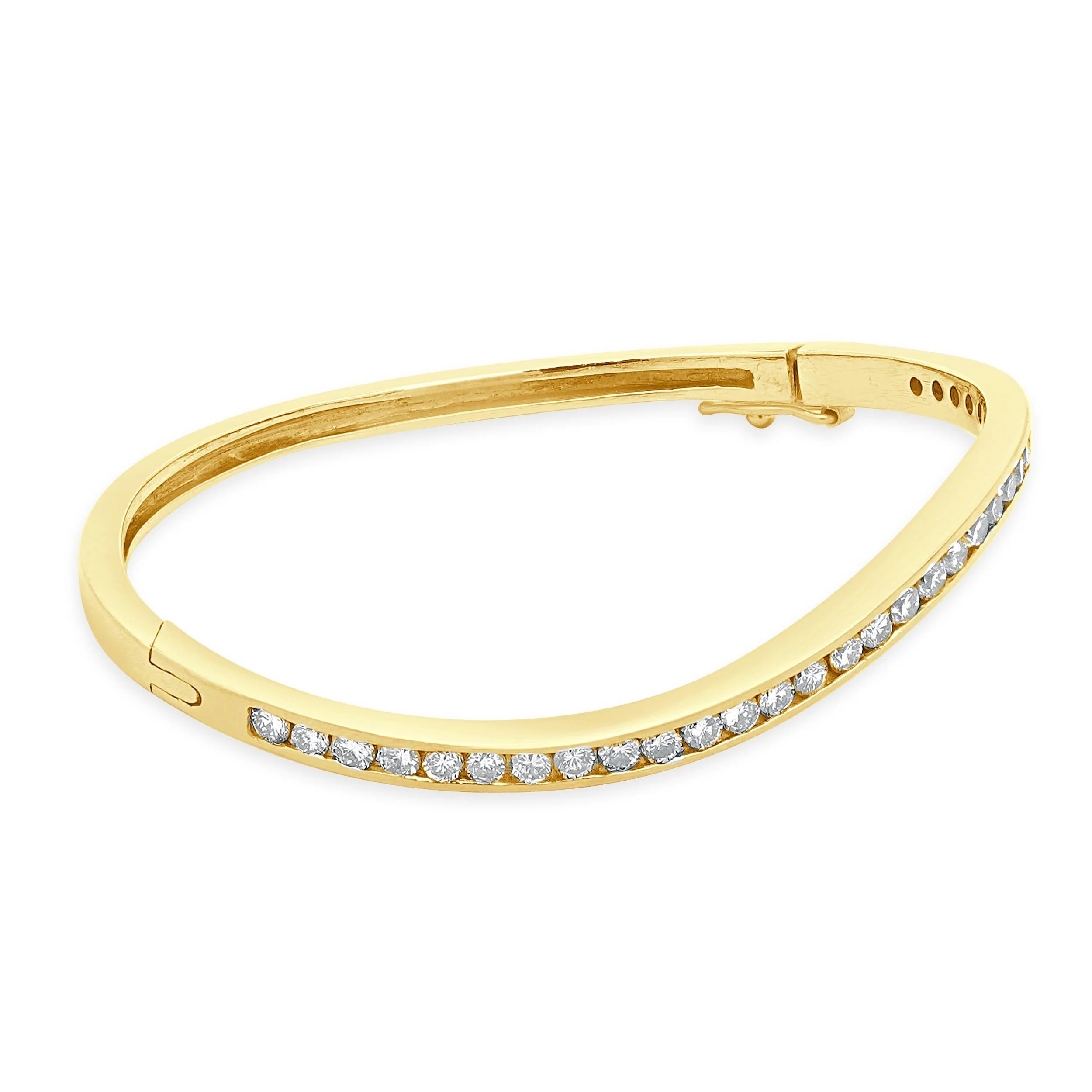 14 Karat Yellow Gold Channel Set Diamond Wave Bangle Bracelet