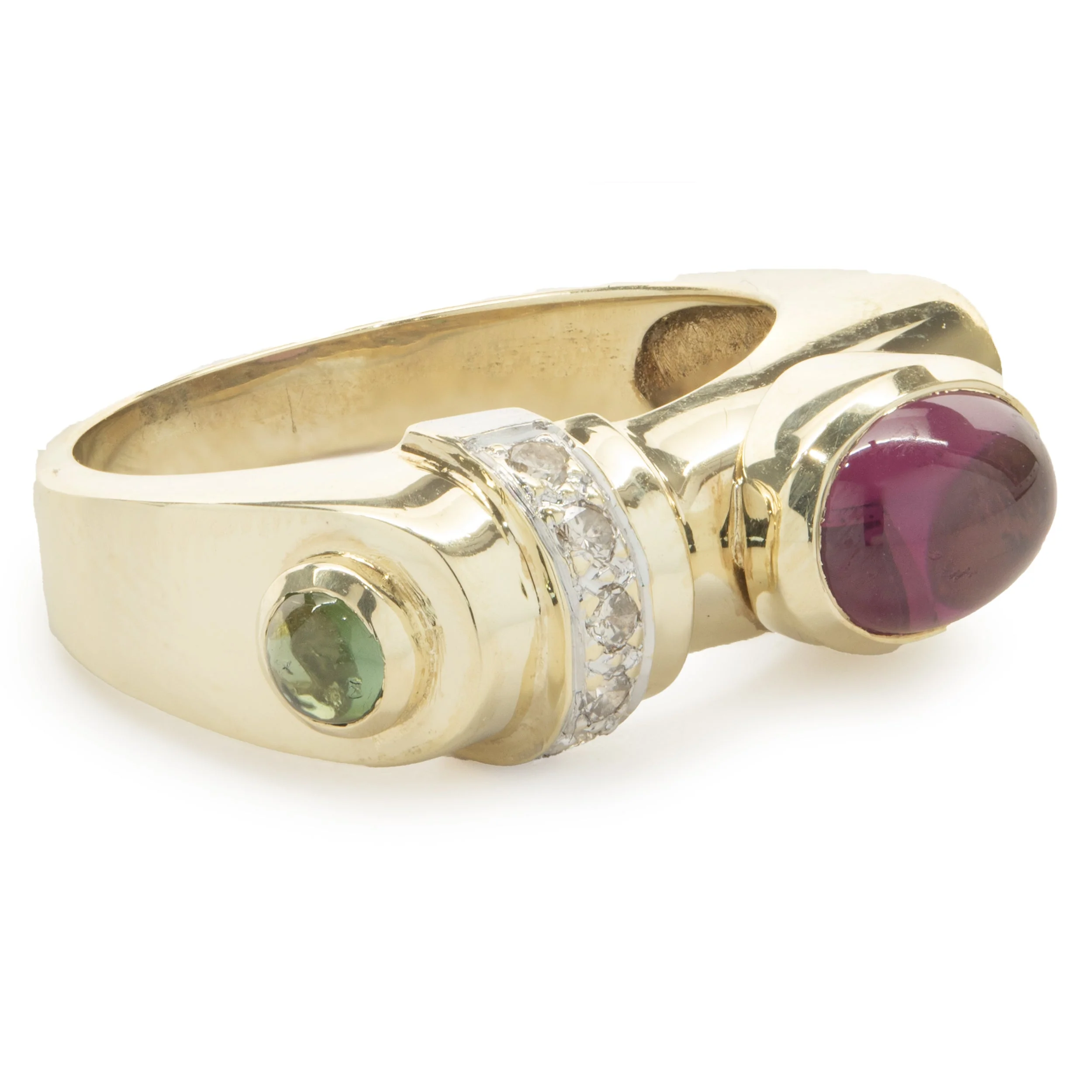 14 Karat Yellow Gold Diamond and Pink / Green Tourmaline Geometric Ring - Image 2