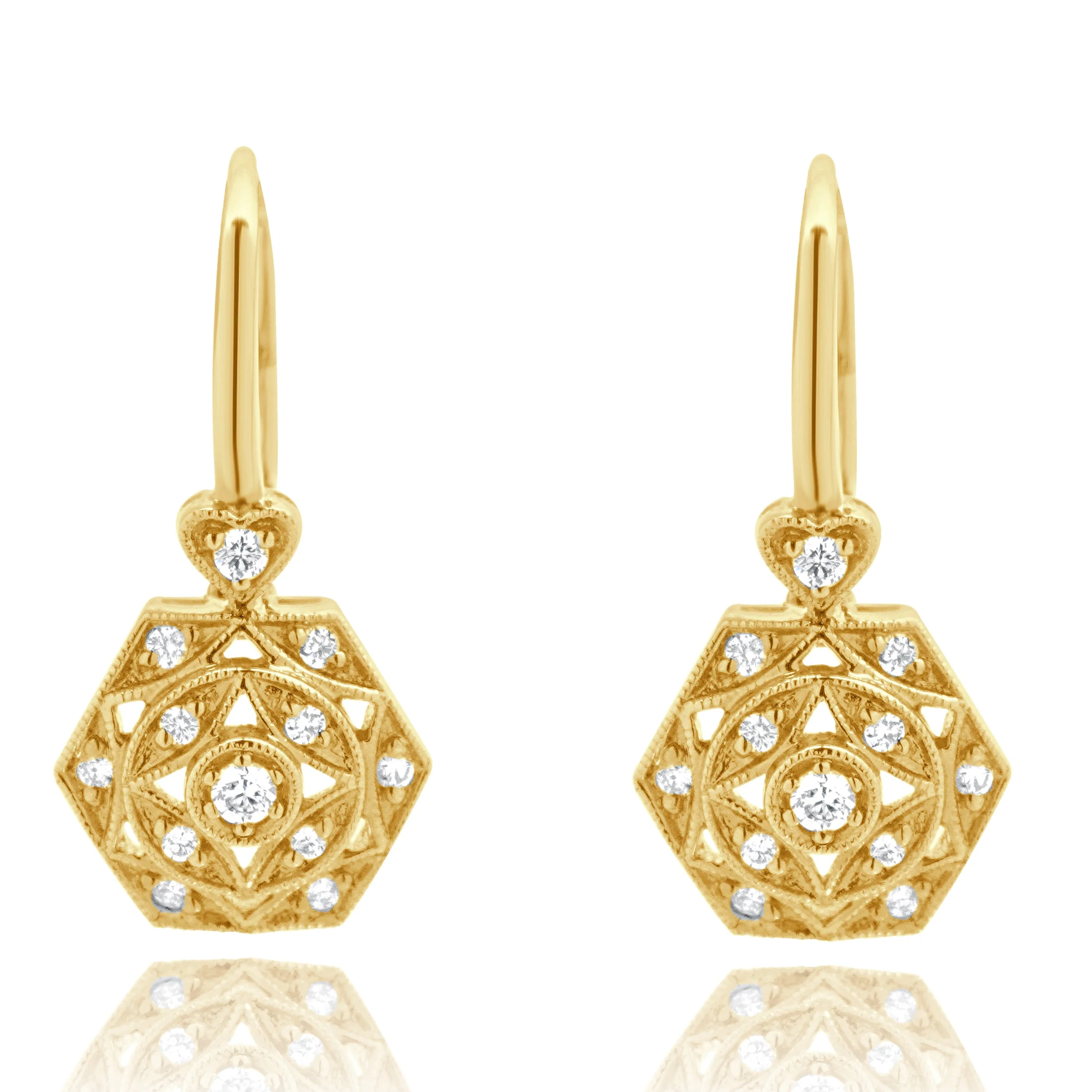 14 Karat Yellow Gold Diamond Filigree Octagon Earrings