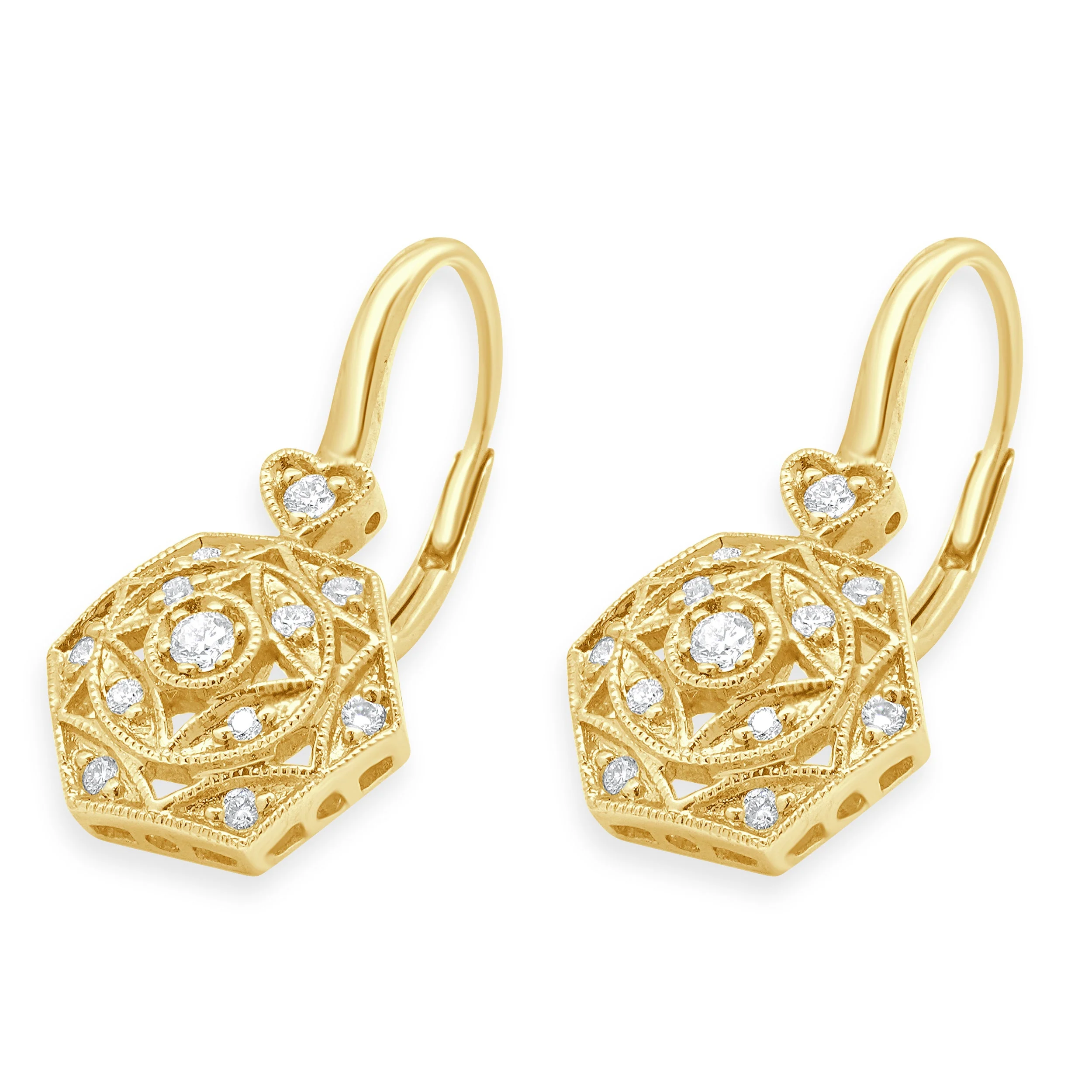 14 Karat Yellow Gold Diamond Filigree Octagon Earrings - Image 2