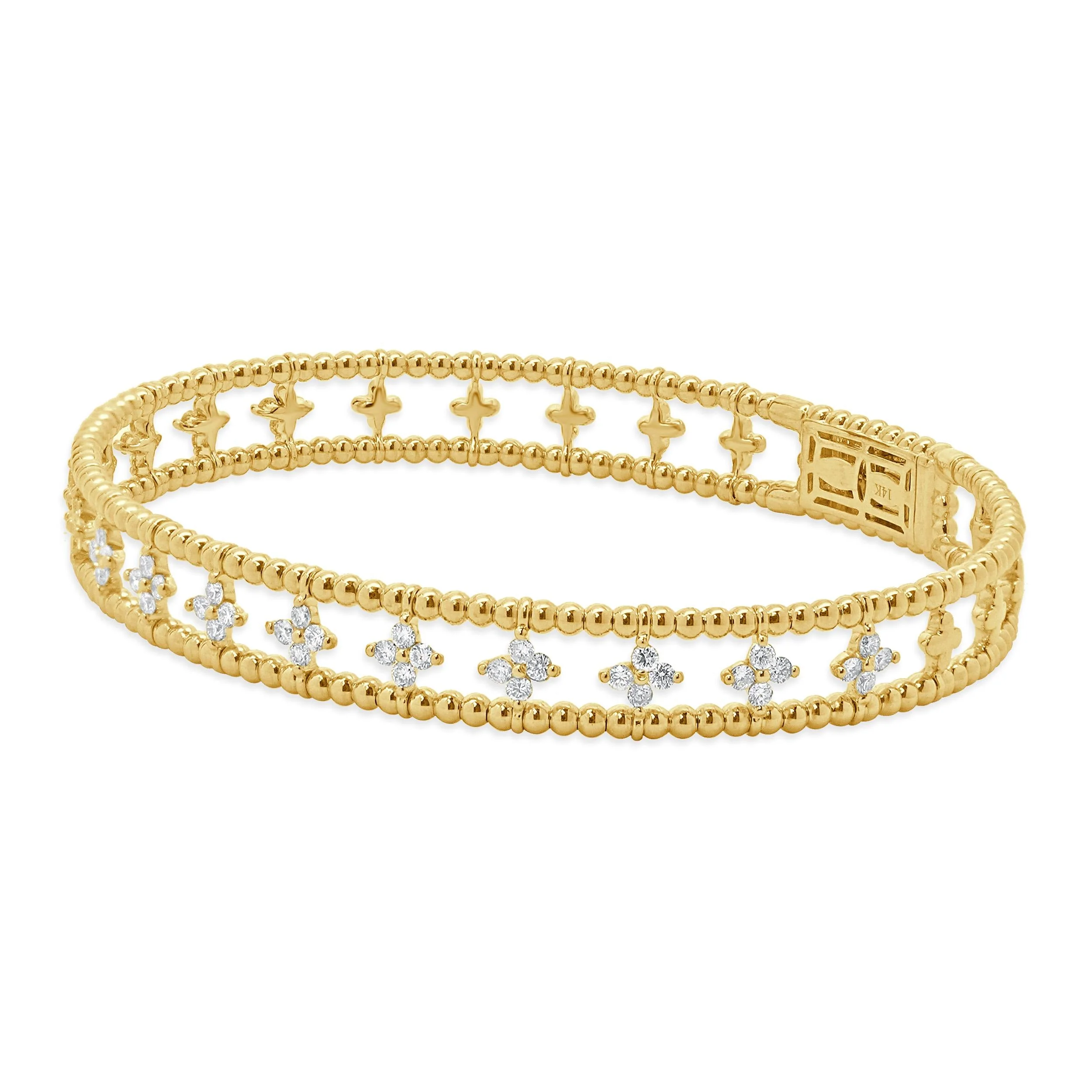 14 Karat Yellow Gold Diamond Floral Station Bangle Bracelet - Image 2