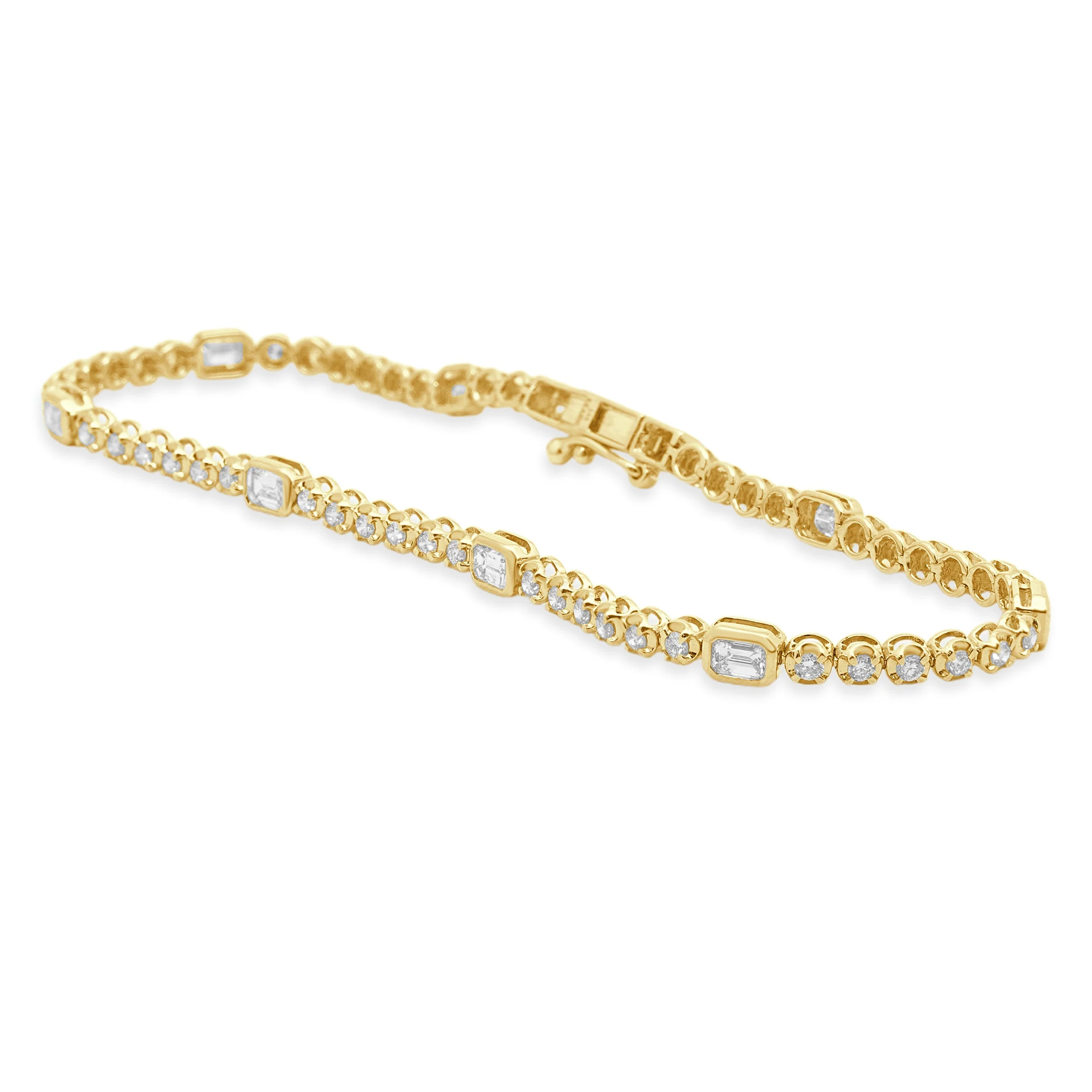 14 Karat Yellow Gold Emerald Cut and Round Diamond Inline Bracelet - Image 2