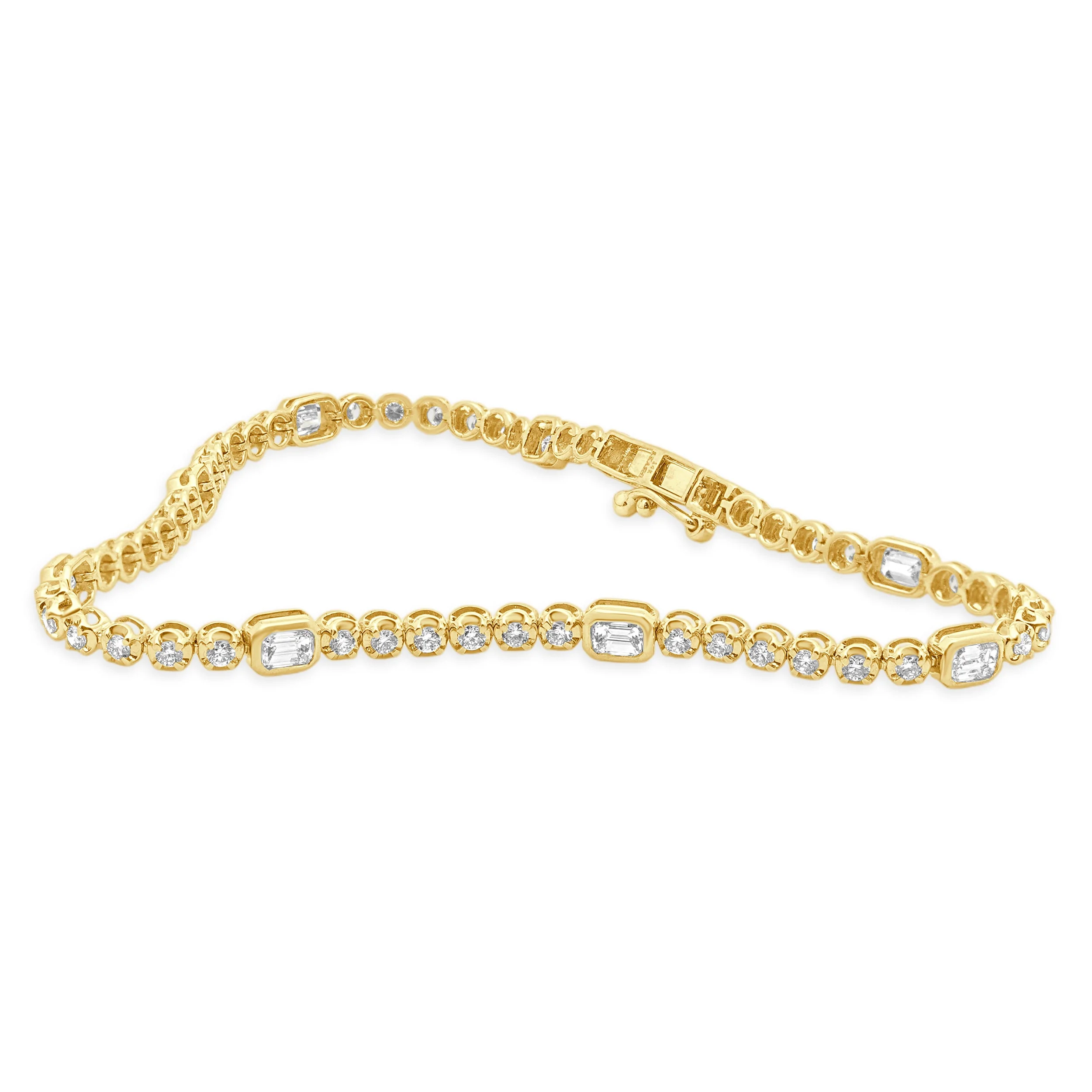 14 Karat Yellow Gold Emerald Cut and Round Diamond Inline Bracelet - Image 3