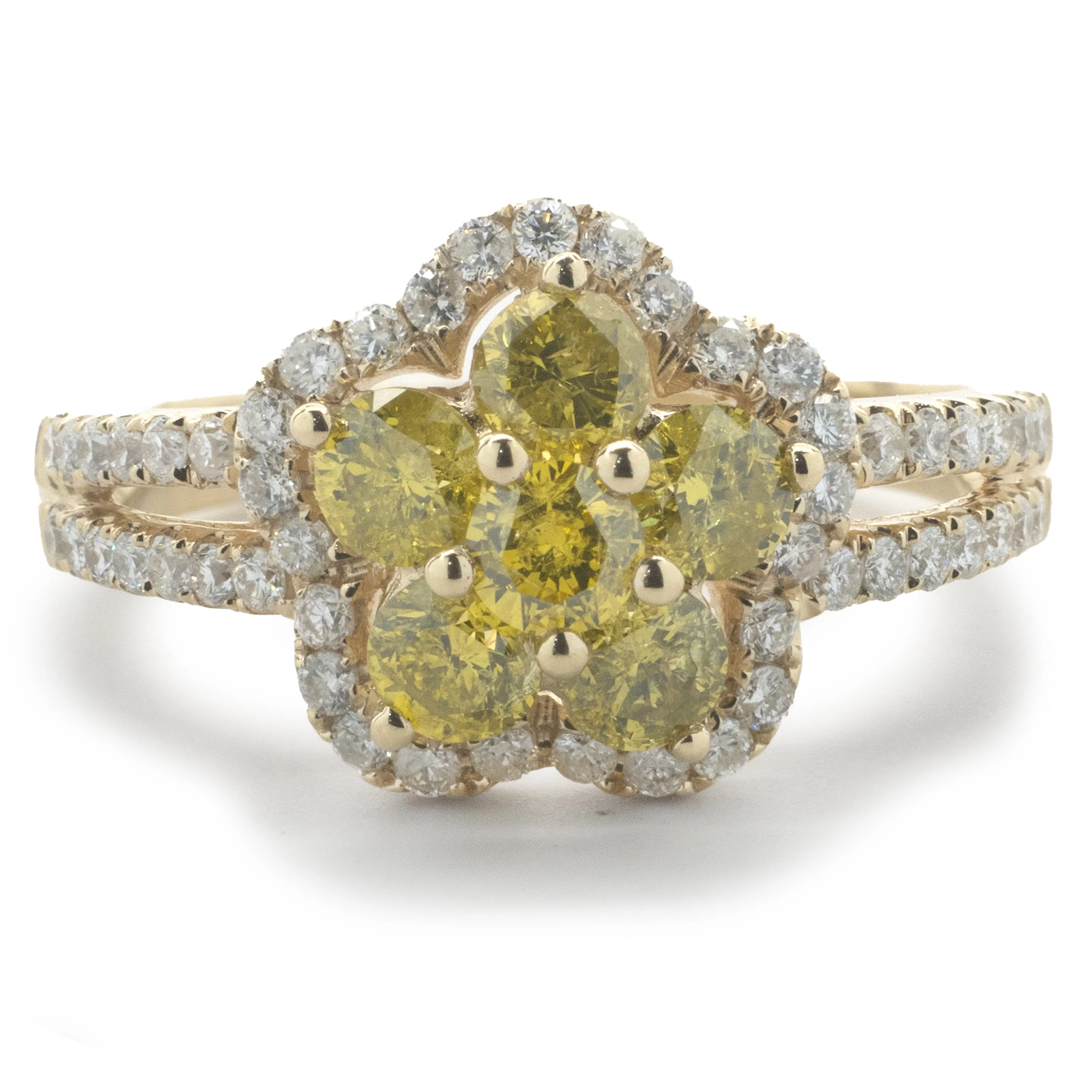 14 Karat Yellow Gold Fancy Yellow and White Diamond Flower Ring
