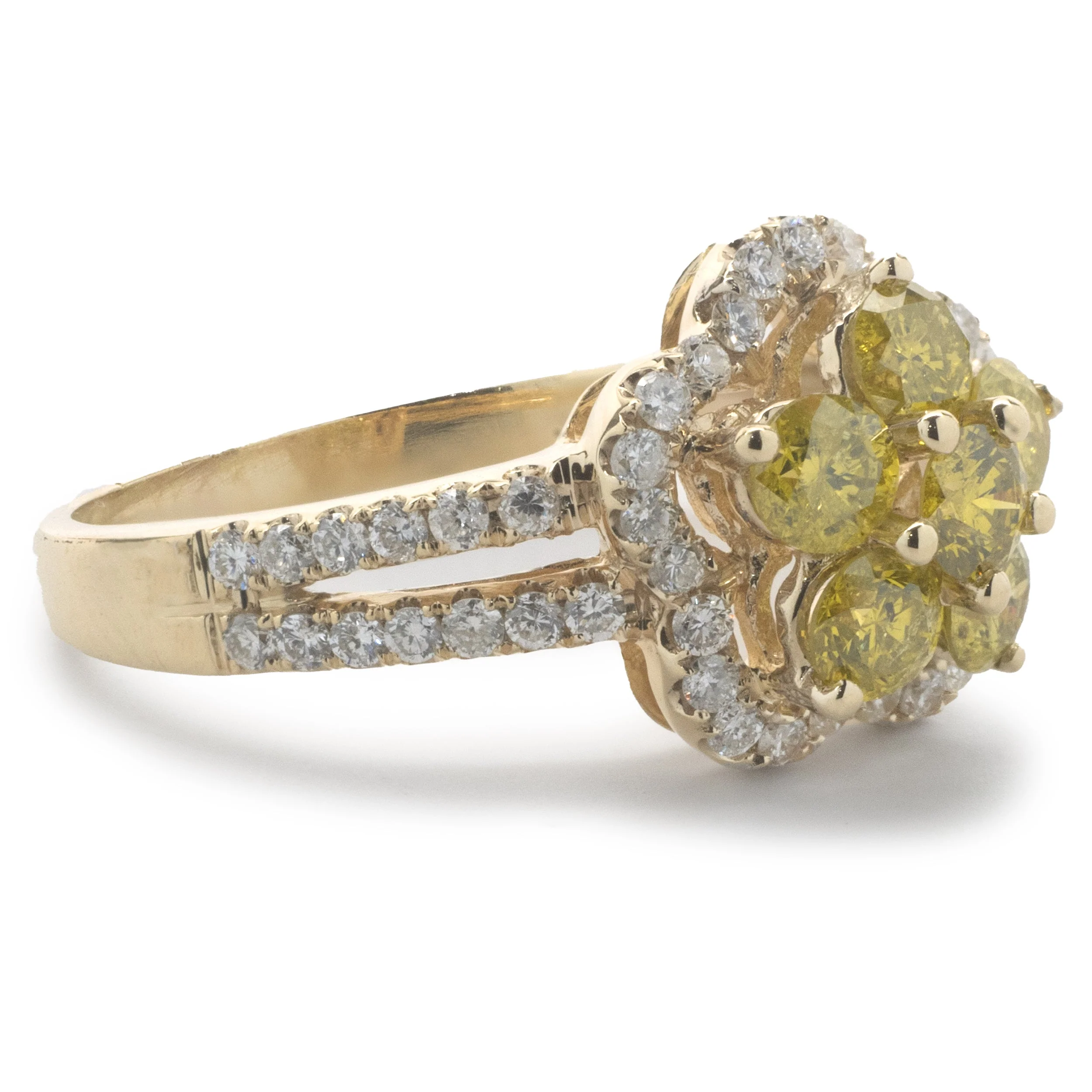14 Karat Yellow Gold Fancy Yellow and White Diamond Flower Ring - Image 2