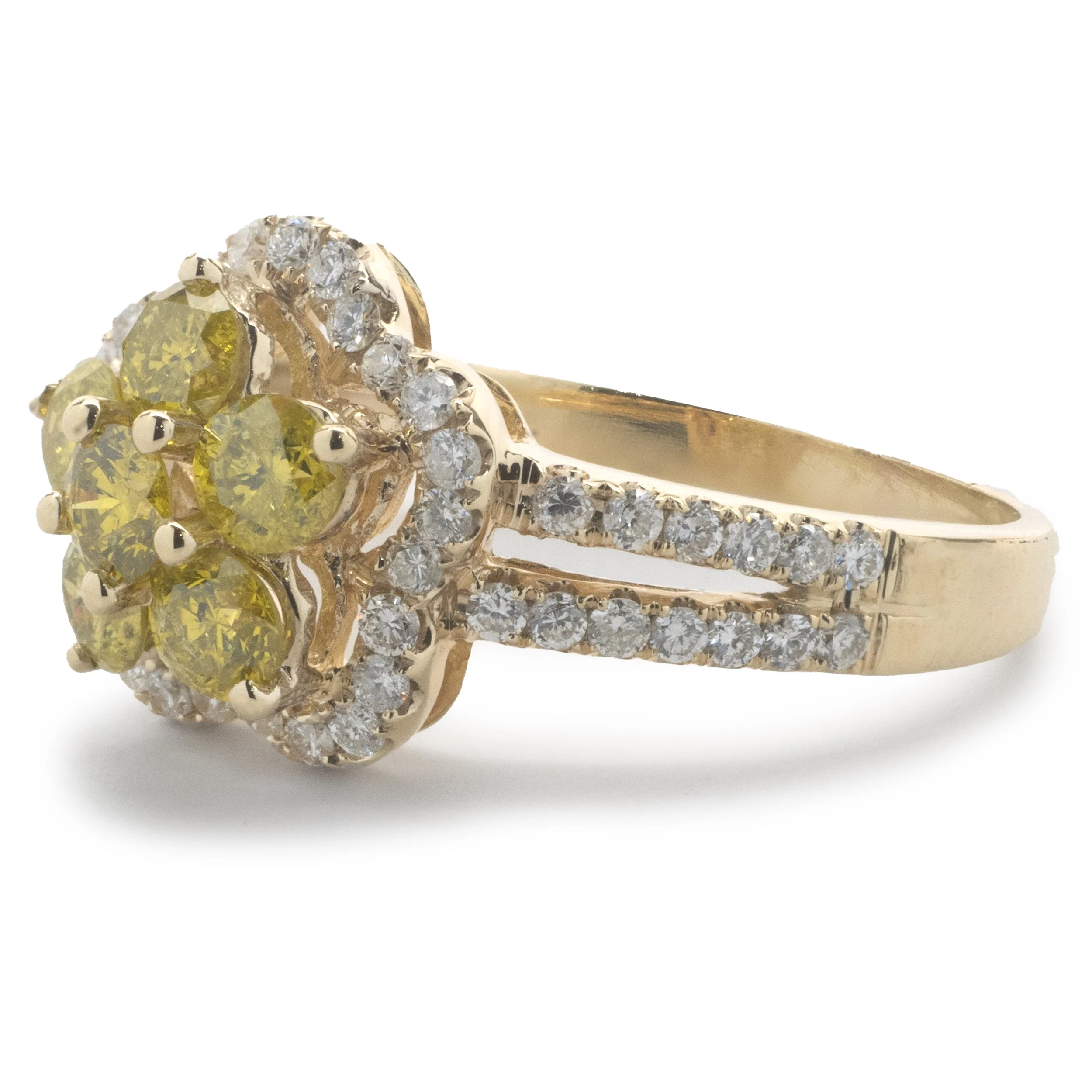 14 Karat Yellow Gold Fancy Yellow and White Diamond Flower Ring - Image 3