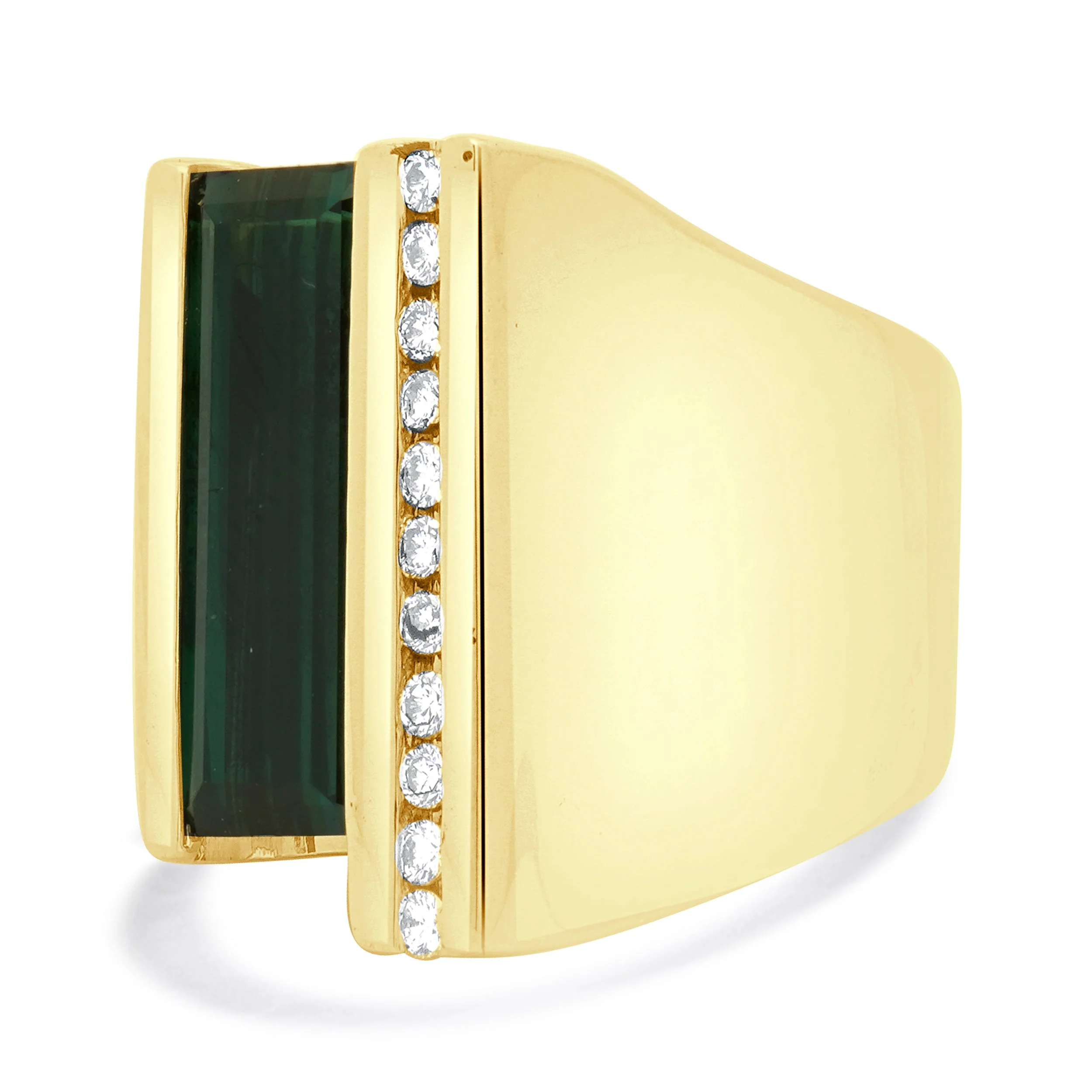 14 Karat Yellow Gold Green Tourmaline and Diamond Sculpture Ring - Image 2
