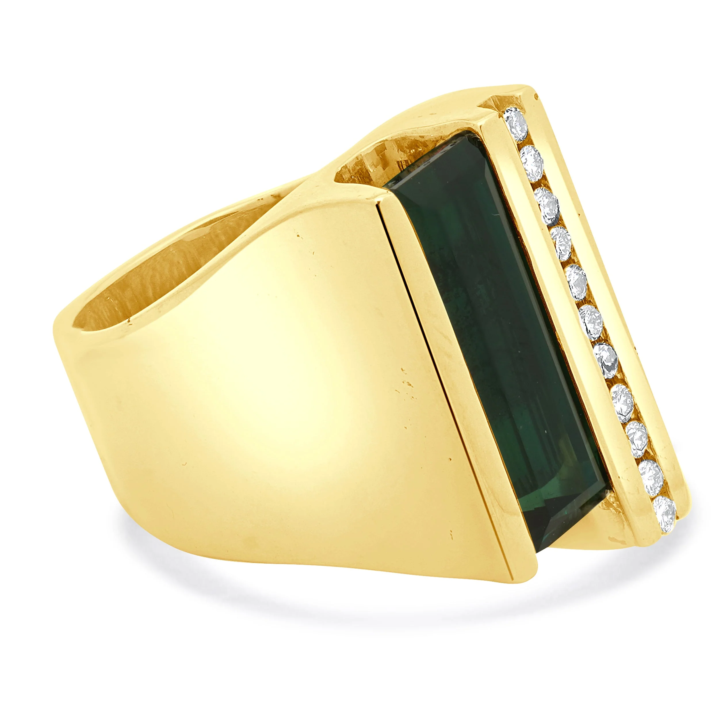 14 Karat Yellow Gold Green Tourmaline and Diamond Sculpture Ring - Image 3