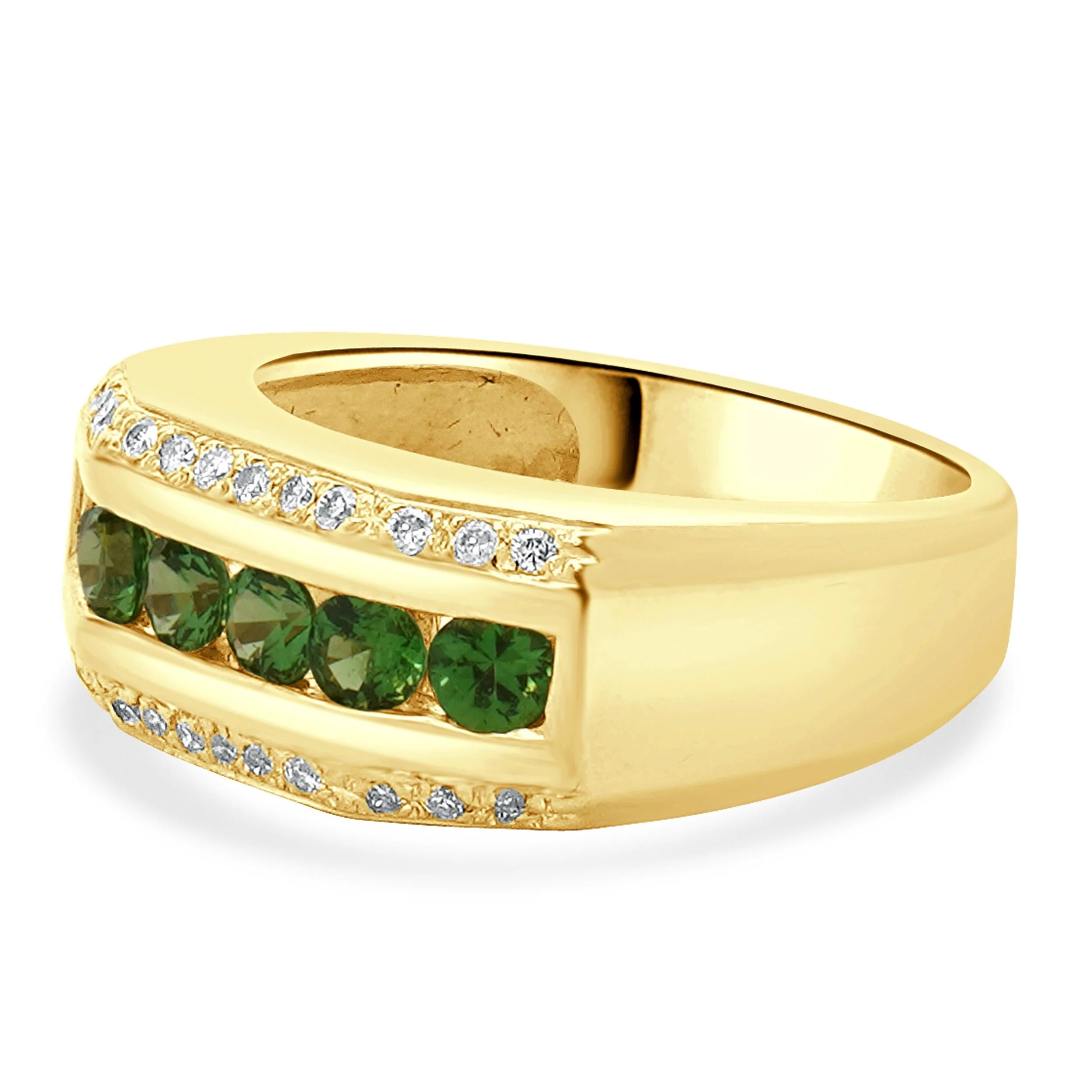 14 Karat Yellow Gold Green Tourmaline and Diamond Three Row Ring - Image 2