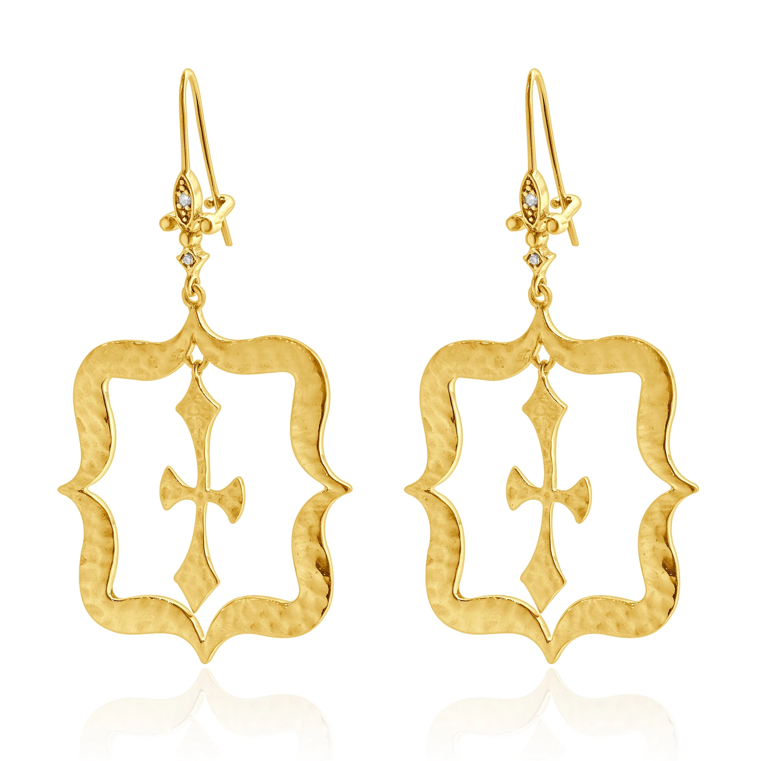 14 Karat Yellow Gold Hammered Fleur de Lis Cross Drop Earrings - Image 2