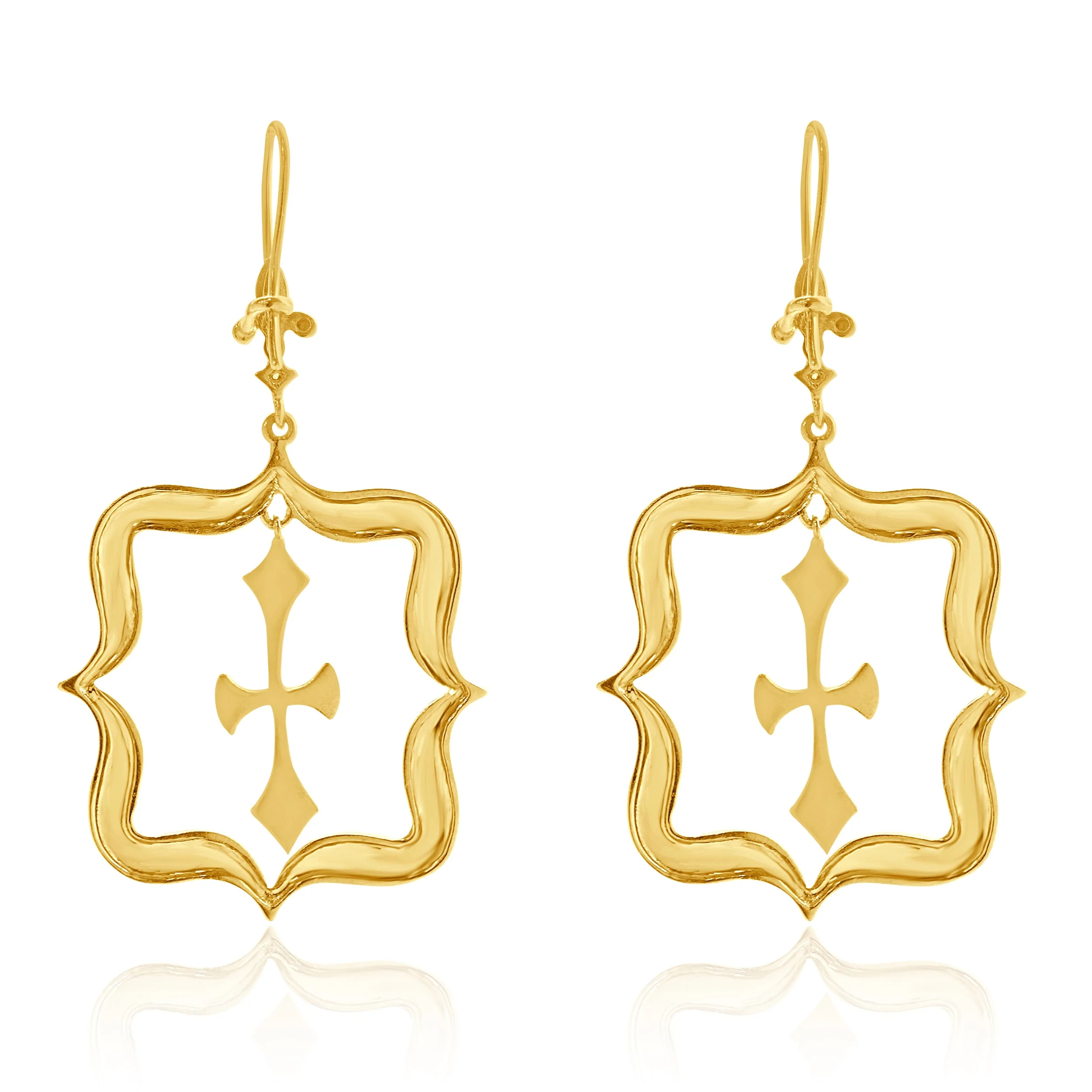 14 Karat Yellow Gold Hammered Fleur de Lis Cross Drop Earrings - Image 3