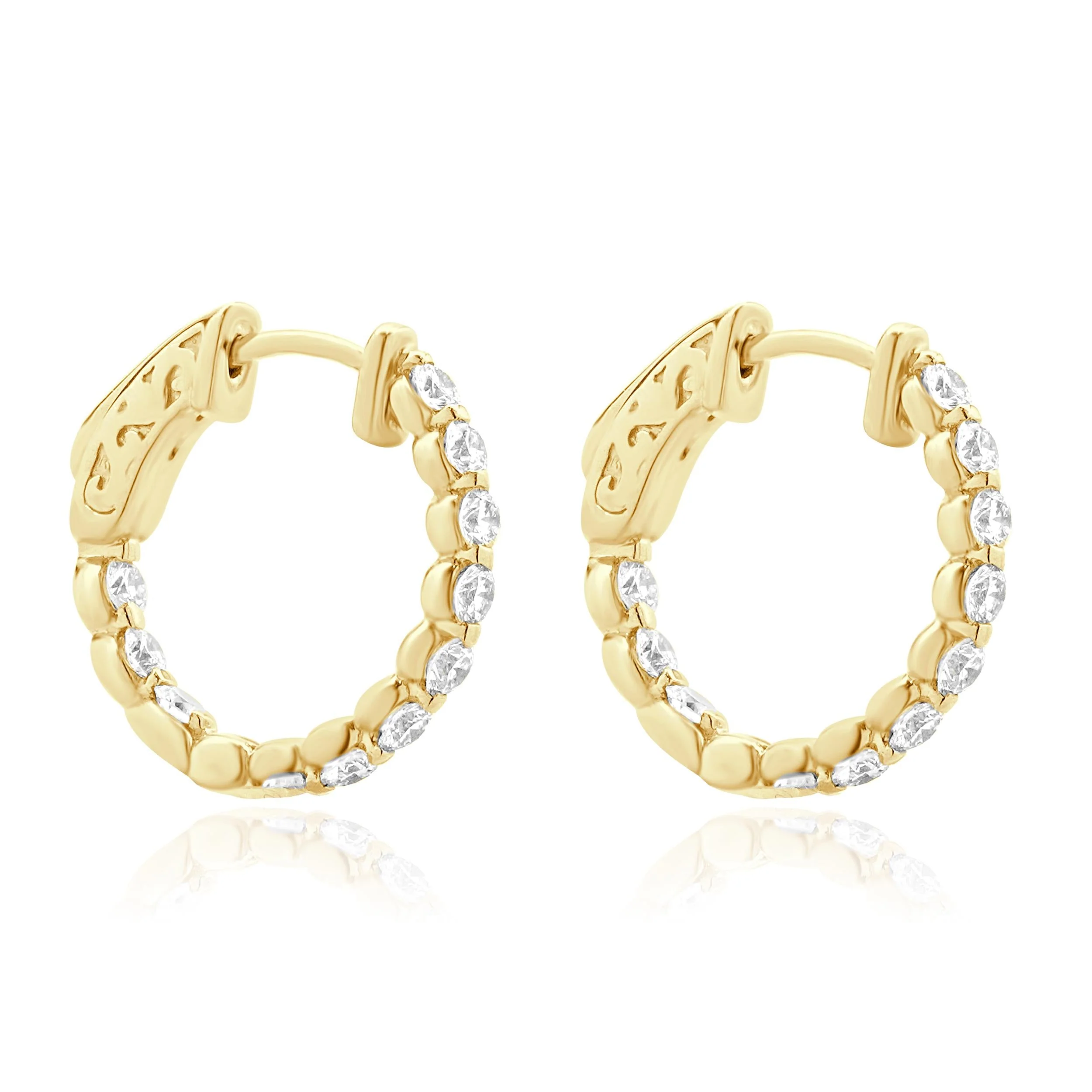 14 Karat Yellow Gold Inside Outside Diamond Hoop Earrings - Image 2