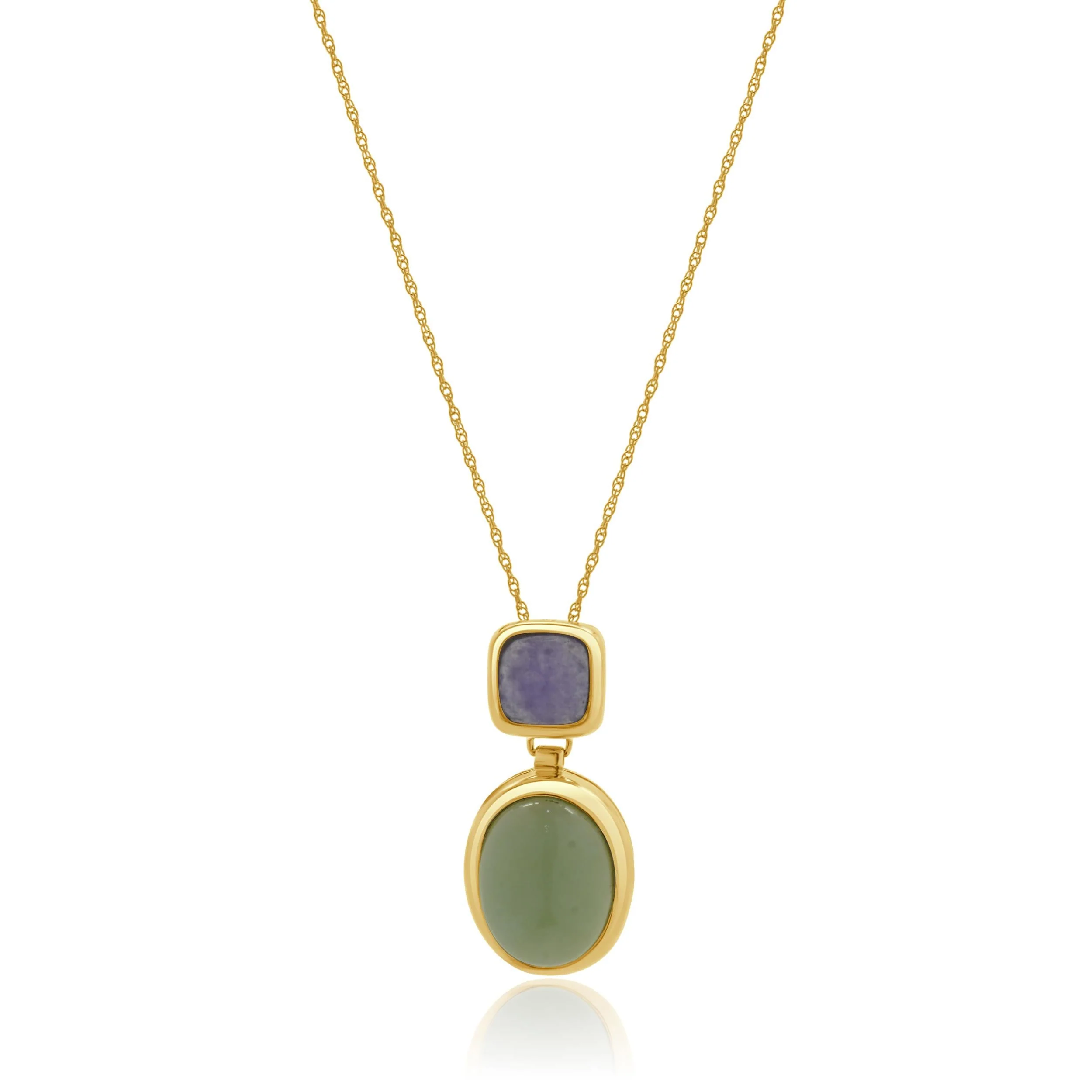 14 Karat Yellow Gold Lavender and Green Jadeite Drop Necklace