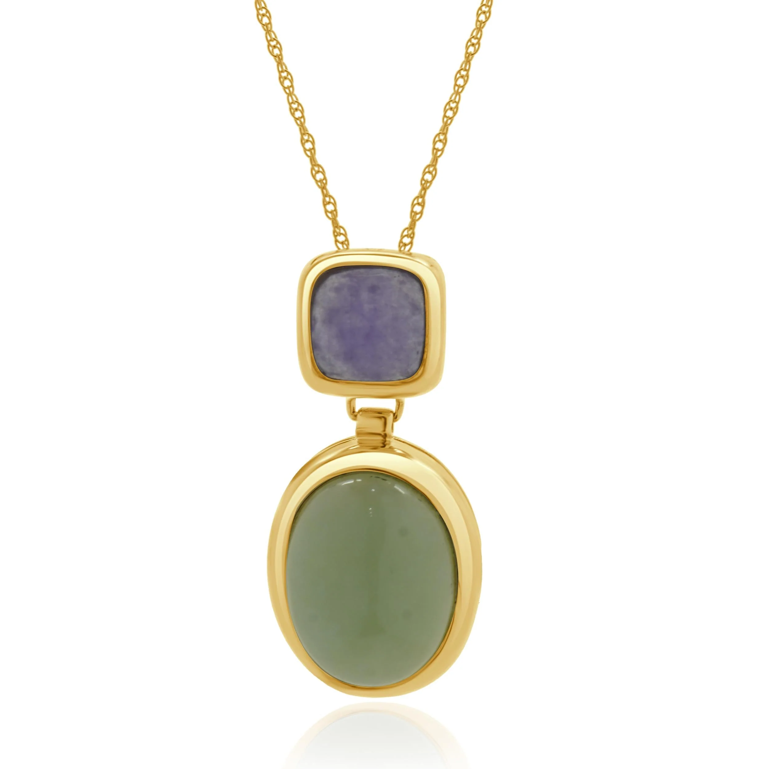 14 Karat Yellow Gold Lavender and Green Jadeite Drop Necklace - Image 2