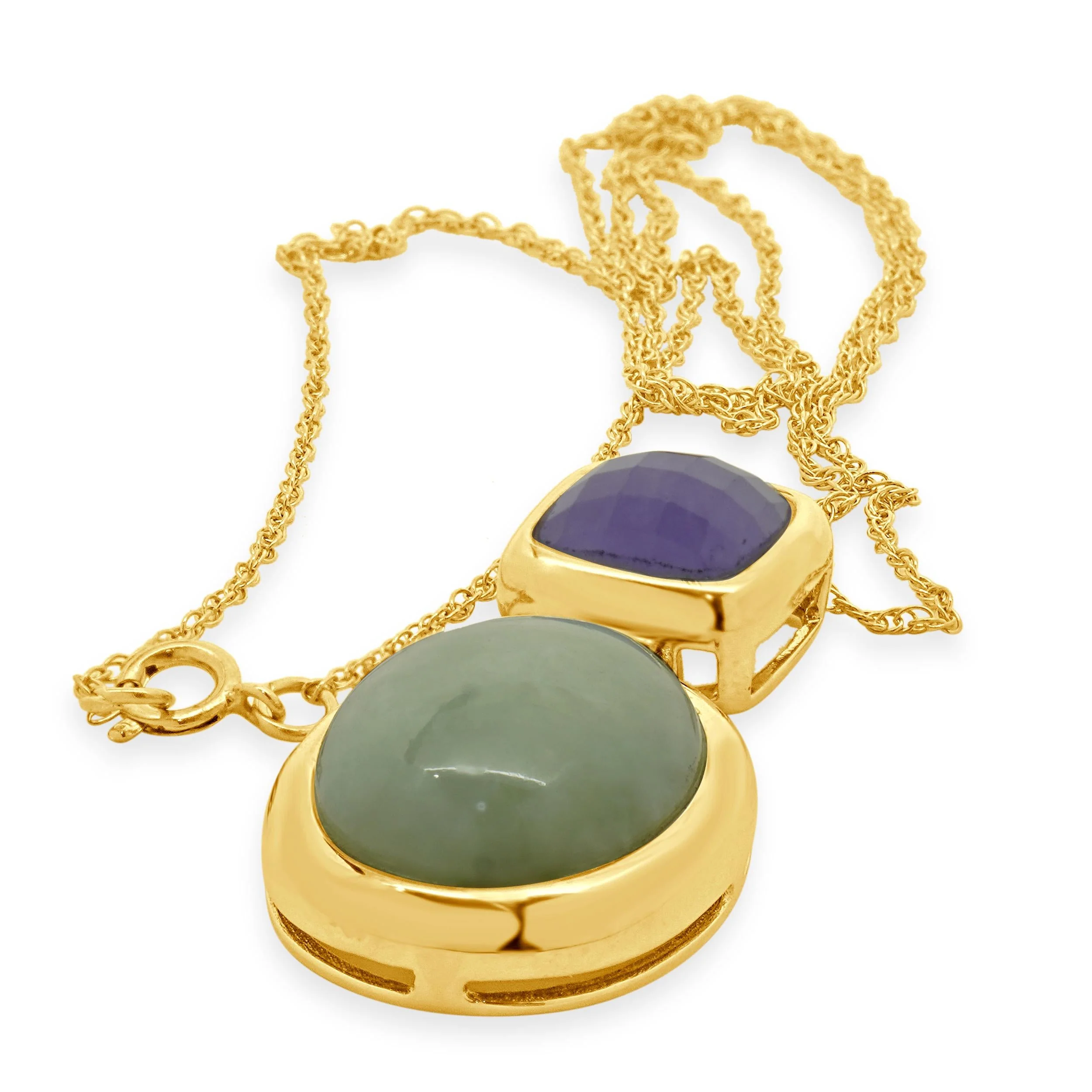 14 Karat Yellow Gold Lavender and Green Jadeite Drop Necklace - Image 3