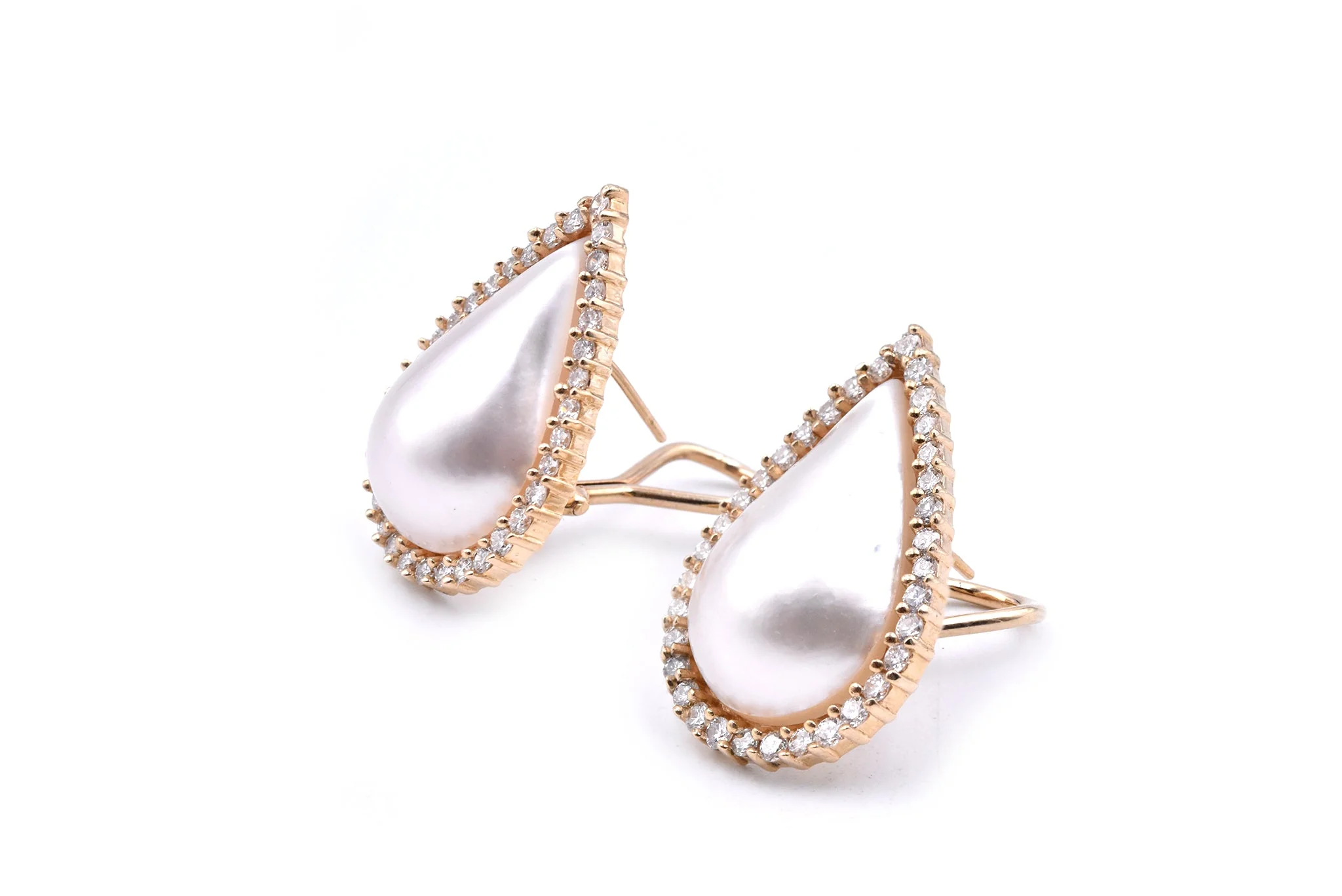 14 Karat Yellow Gold Mabe Pearl and Diamond Pear Shaped Earrings - Image 3
