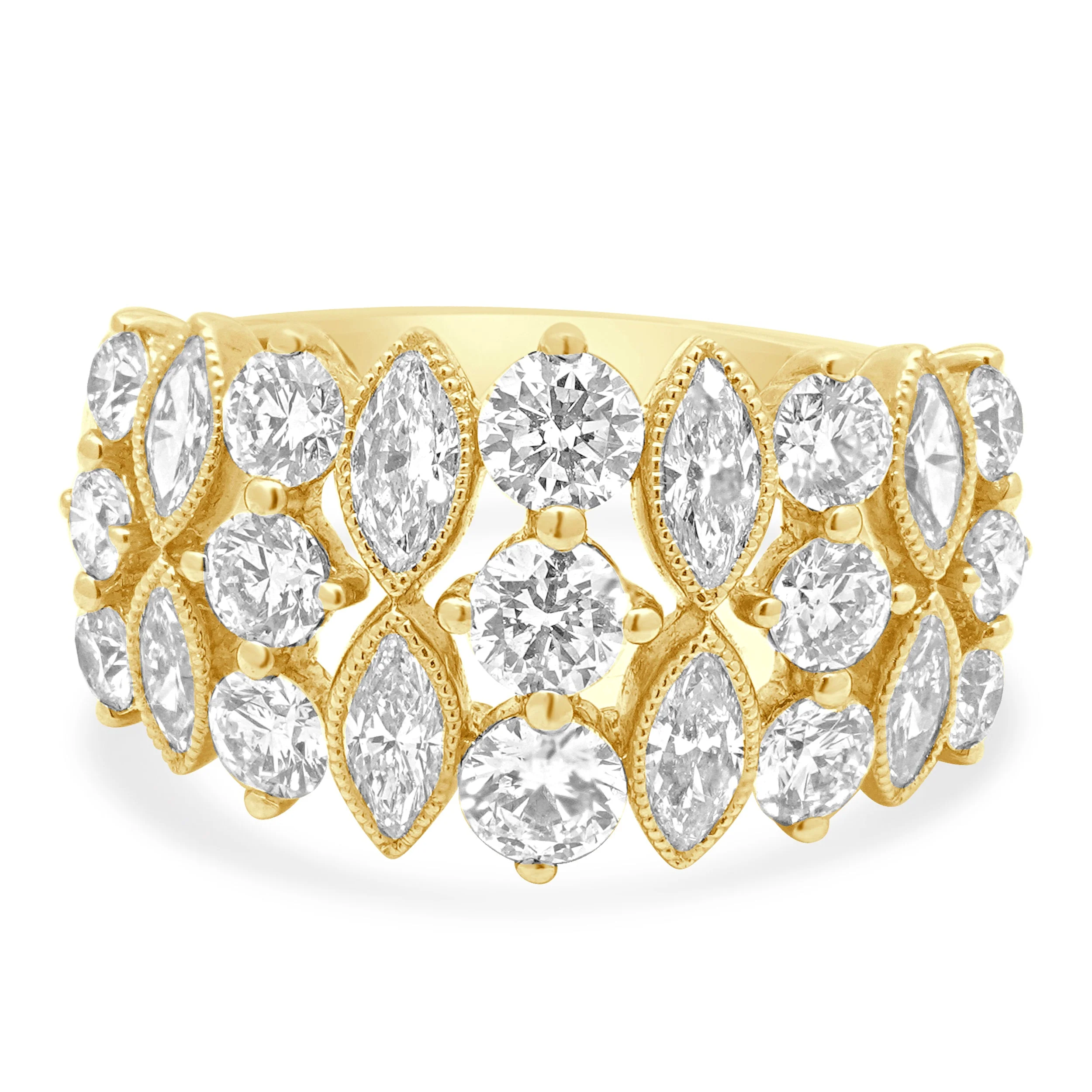 14 Karat Yellow Gold Marquise Cut and Round Diamond Ring