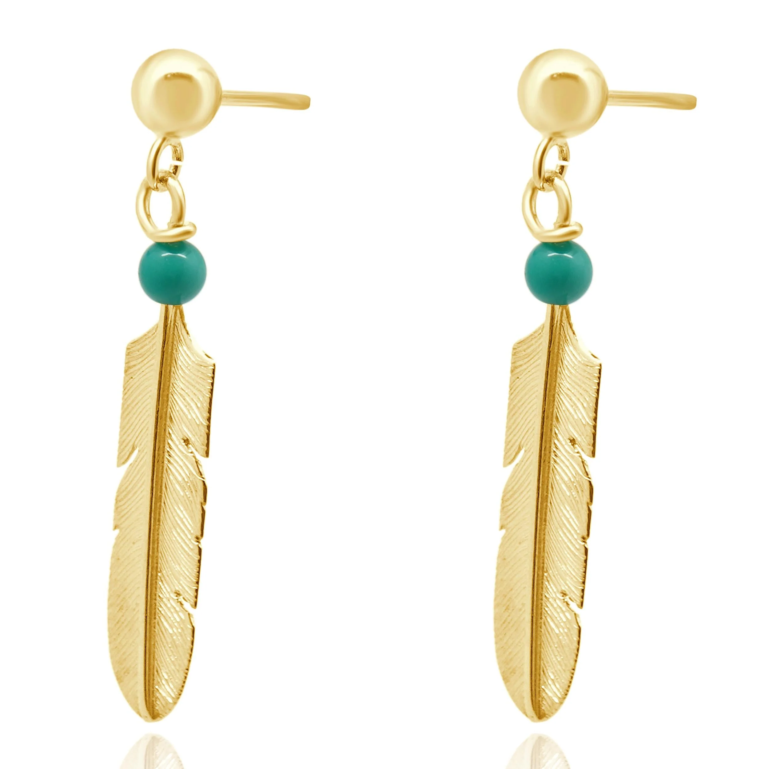 14 Karat Yellow Gold Native American Turquoise Feather Drop Earrings