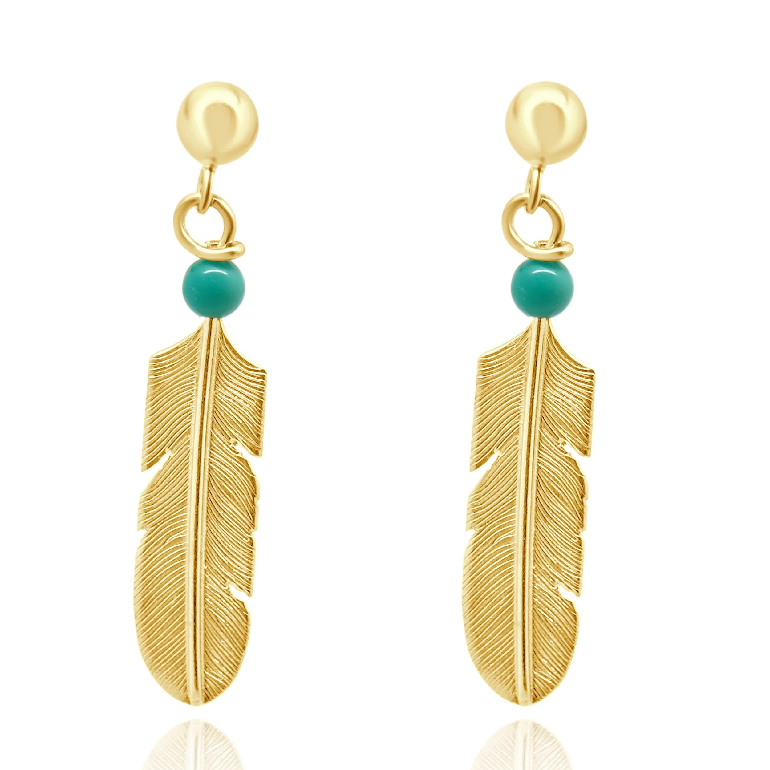 14 Karat Yellow Gold Native American Turquoise Feather Drop Earrings - Image 2