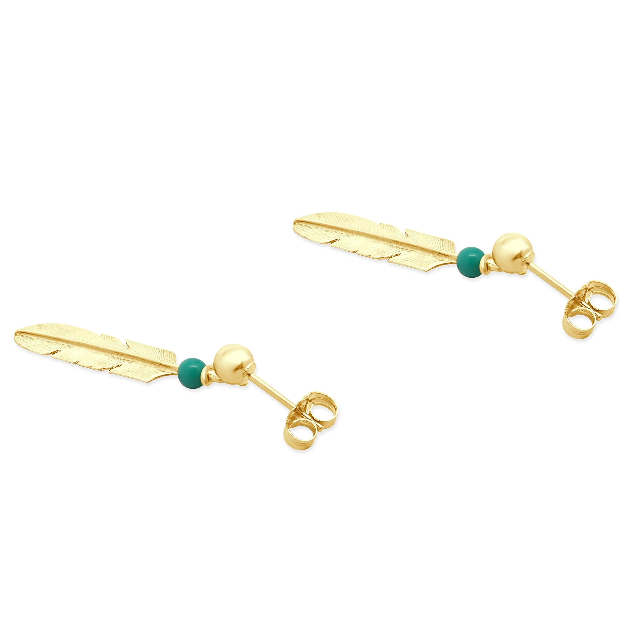 14 Karat Yellow Gold Native American Turquoise Feather Drop Earrings - Image 3