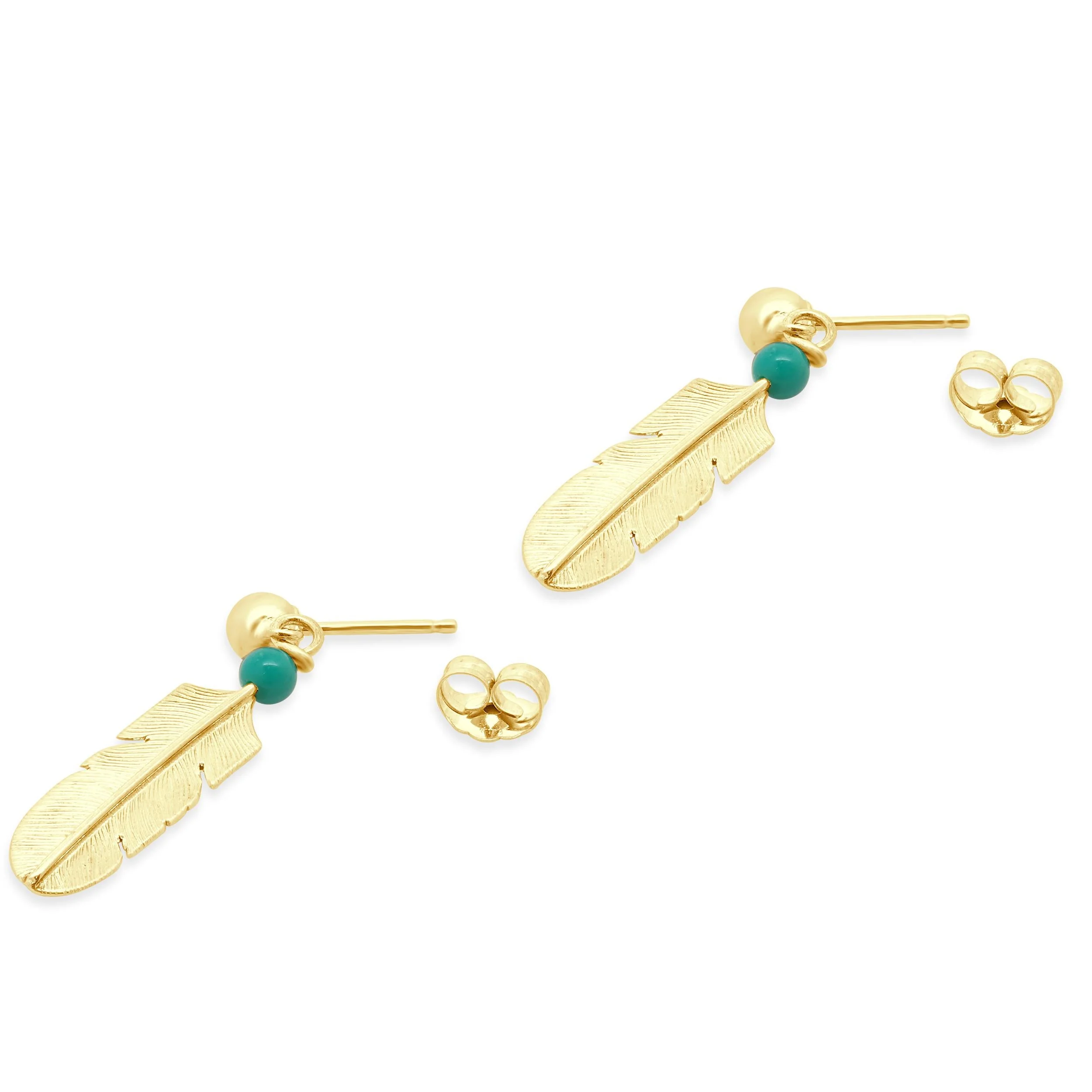 14 Karat Yellow Gold Native American Turquoise Feather Drop Earrings - Image 4