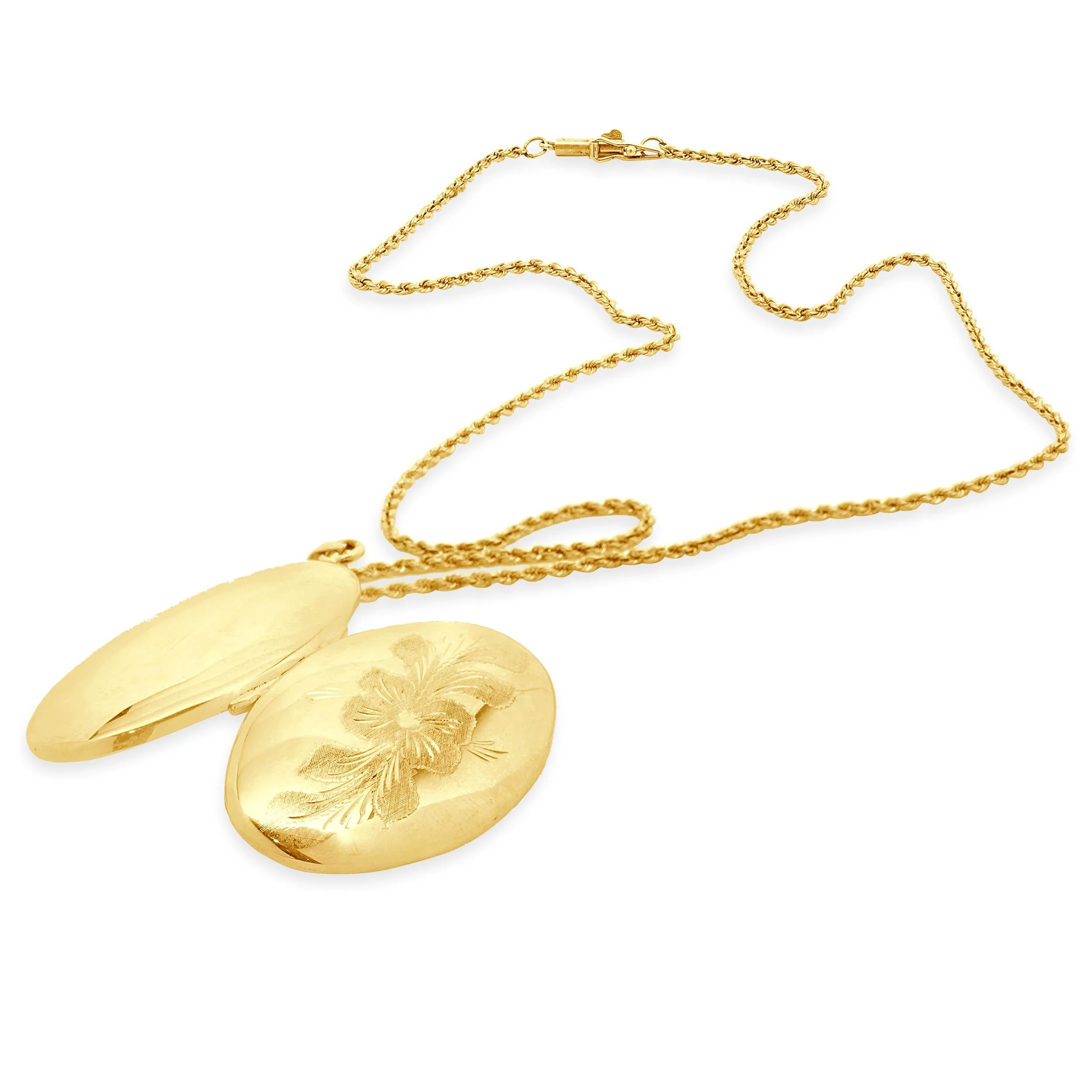 14 Karat Yellow Gold Oval Floral Engraved Locket Necklace - Image 2