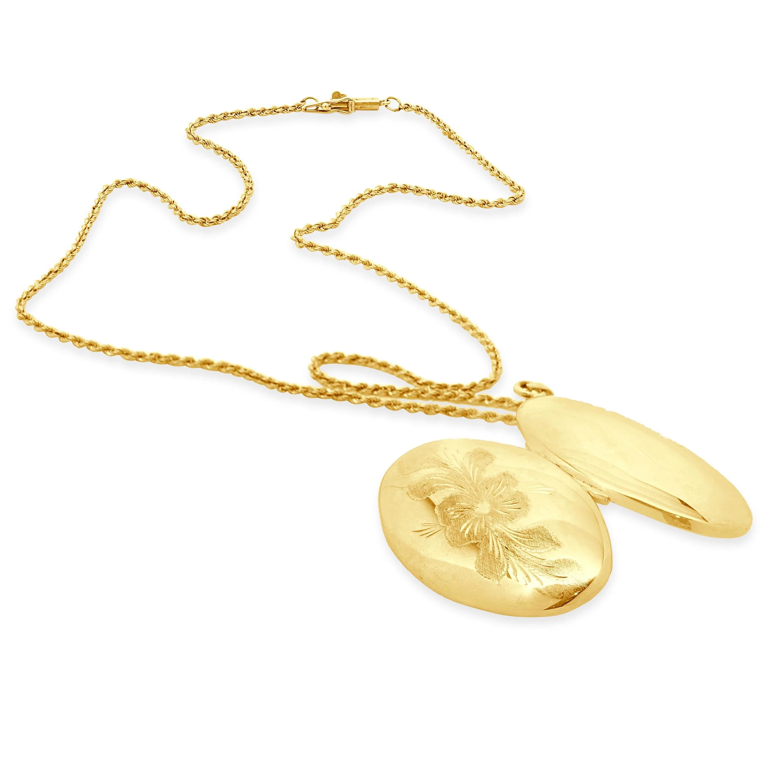 14 Karat Yellow Gold Oval Floral Engraved Locket Necklace - Image 3