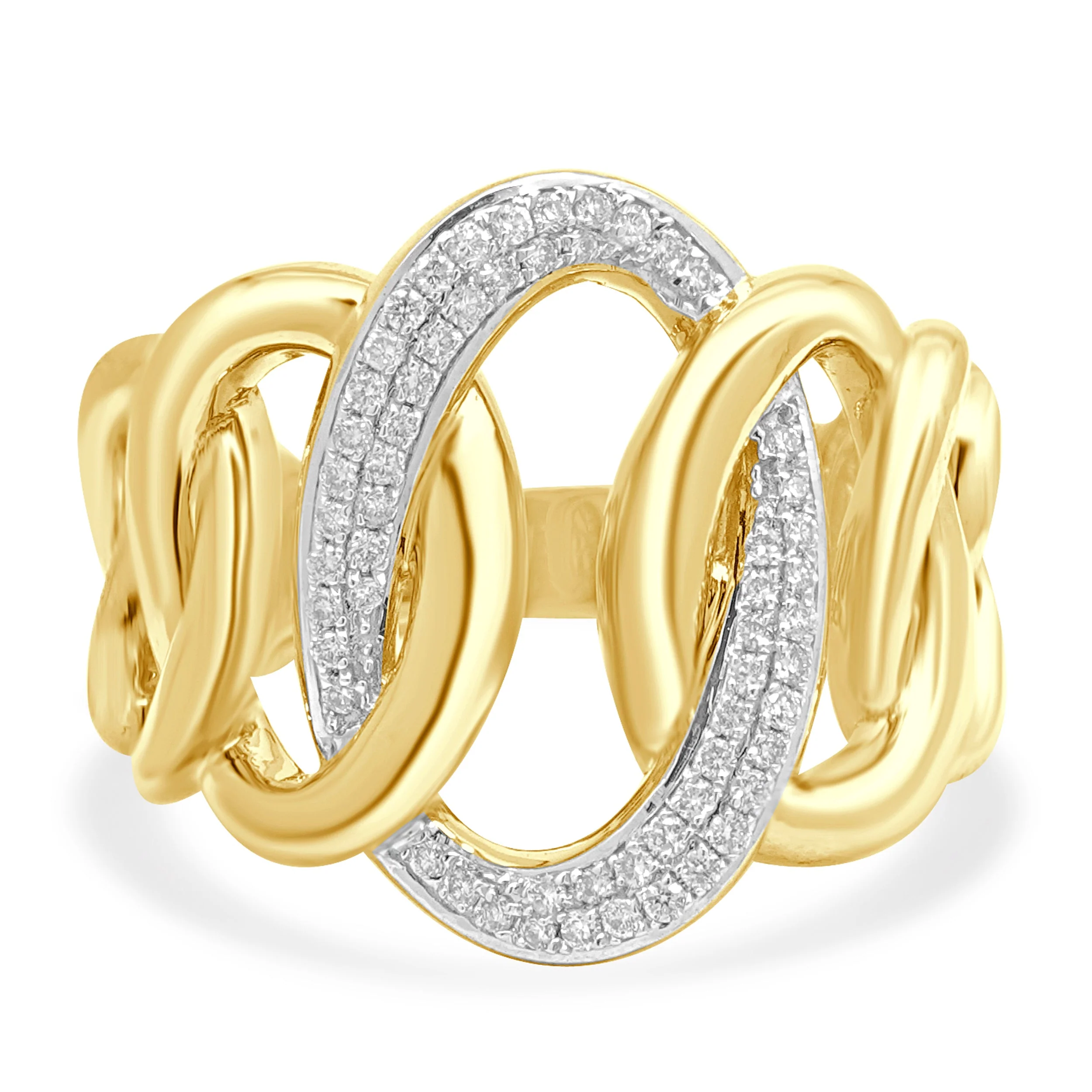 14 Karat Yellow Gold Pave Diamond Interlocking Oval Link Ring