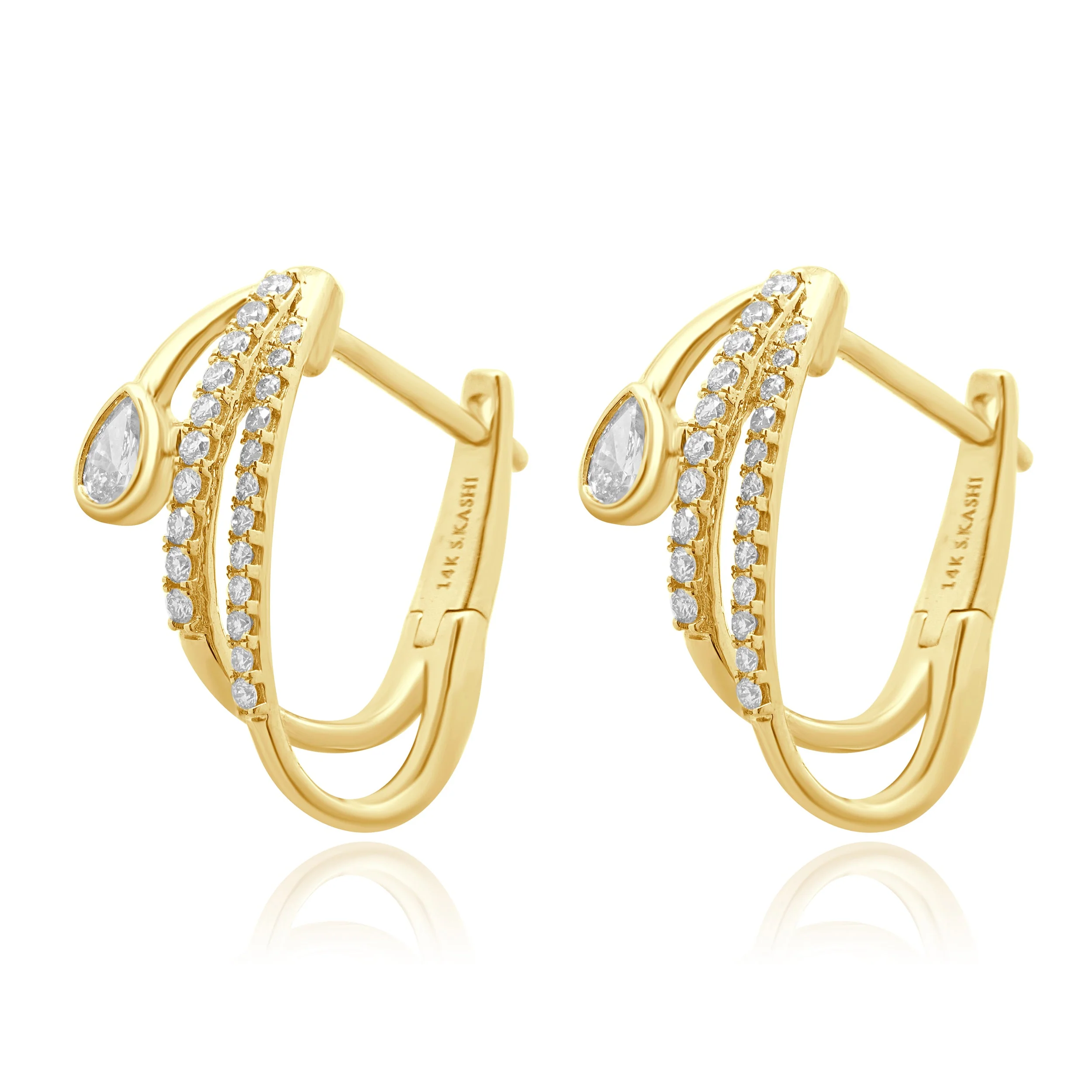 14 Karat Yellow Gold Pear Cut and Round Diamond Double Hoop Earrings - Image 2