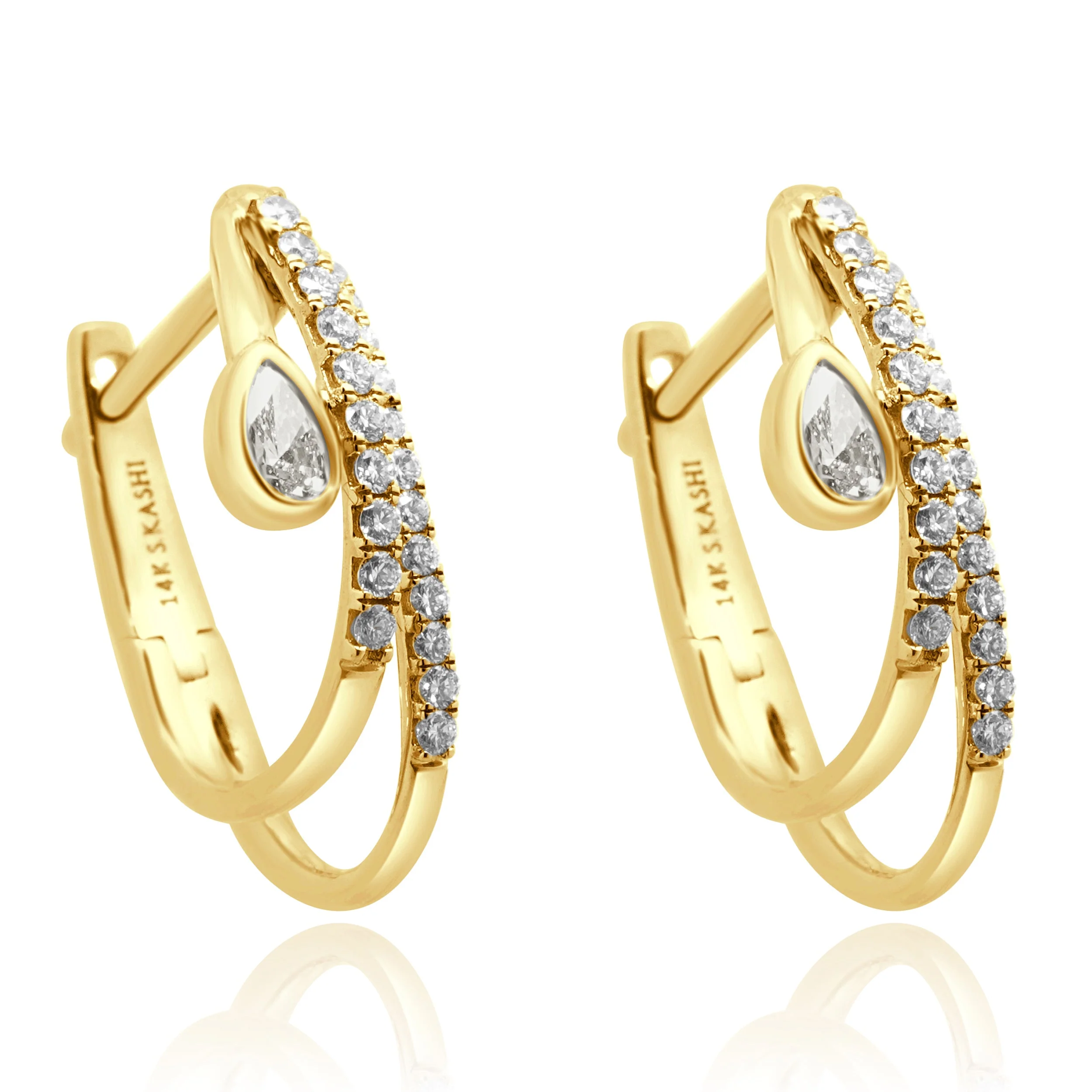 14 Karat Yellow Gold Pear Cut and Round Diamond Double Hoop Earrings - Image 3