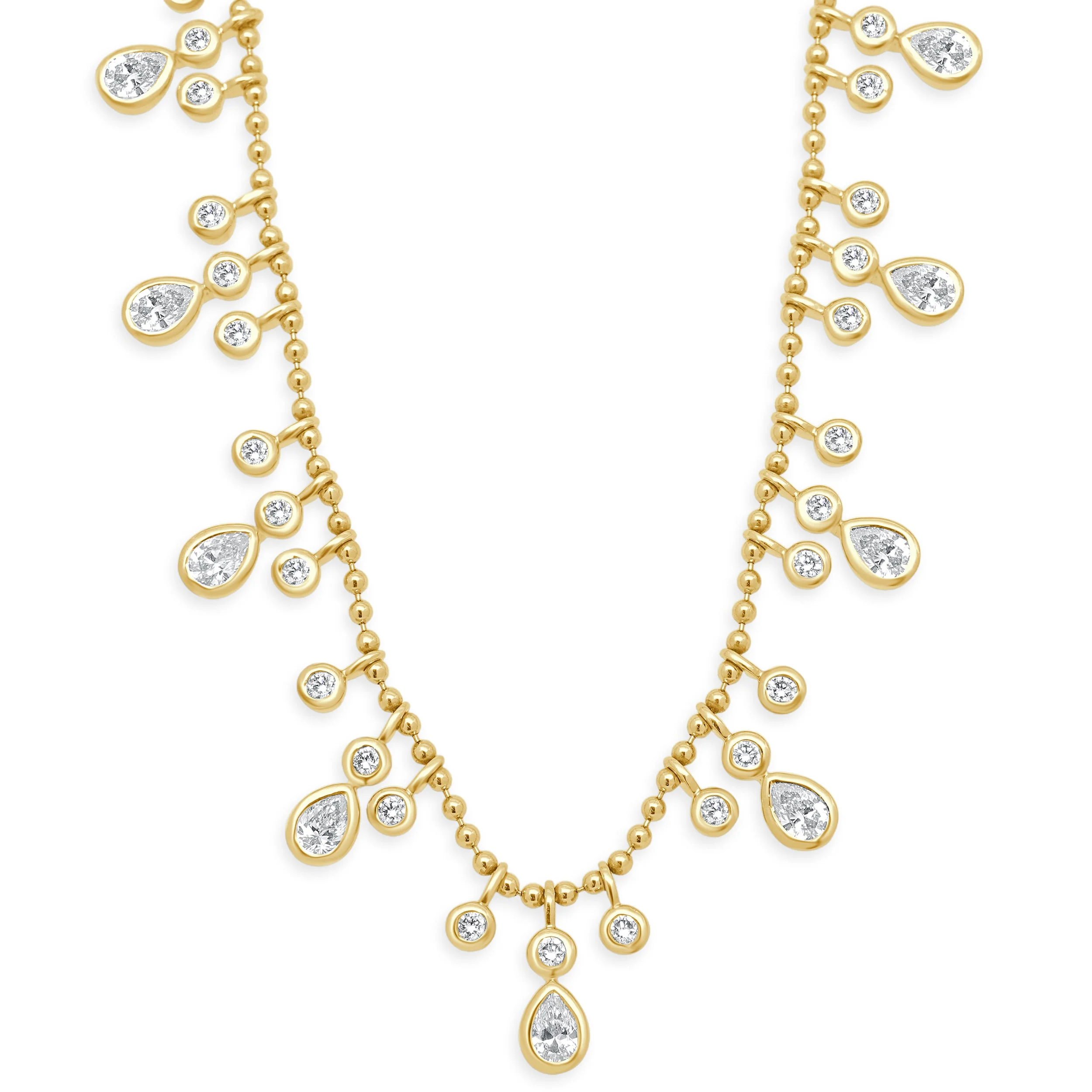 14 Karat Yellow Gold Pear Cut and Round Diamond Drop Beaded Necklace