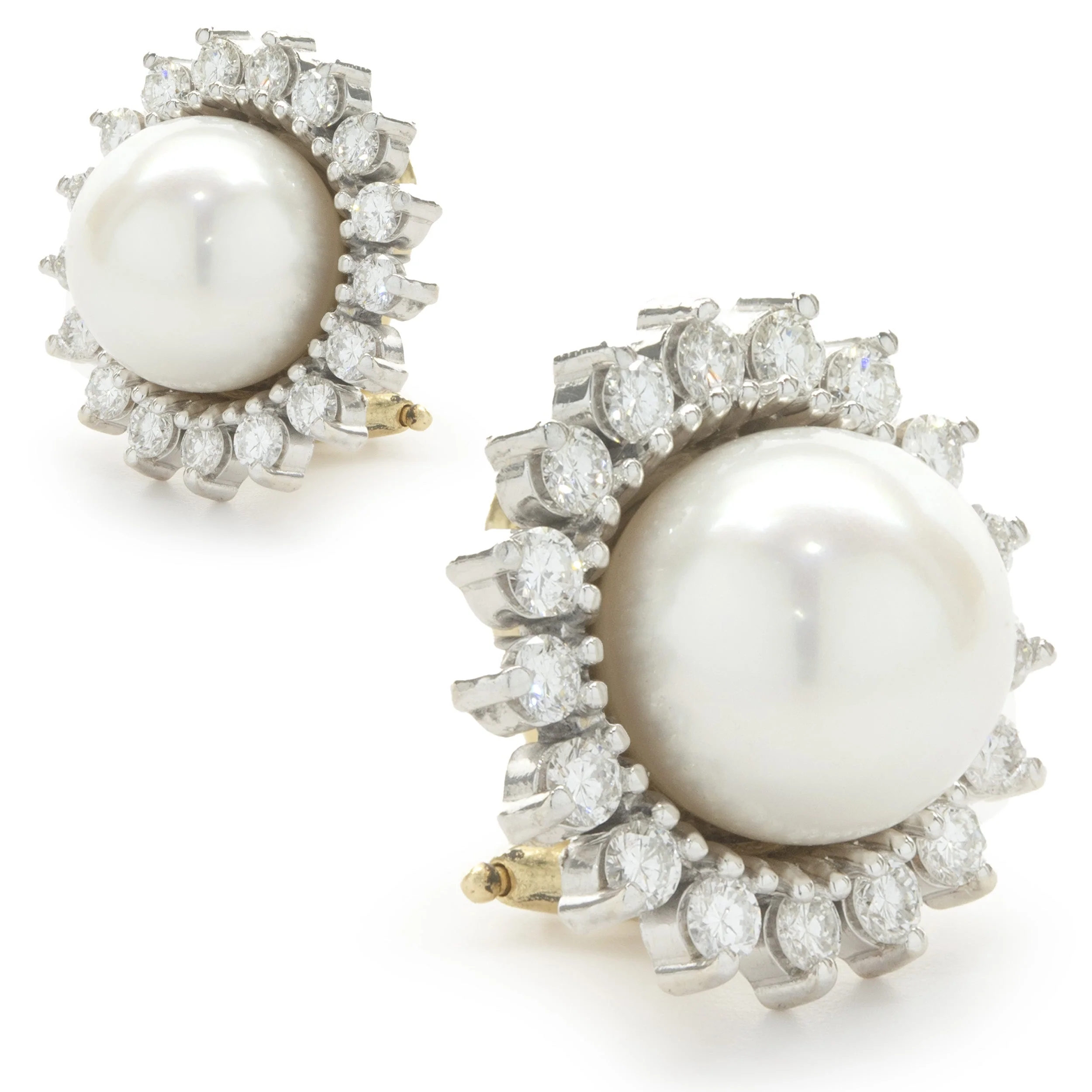 14 Karat Yellow Gold Pearl and Diamond Halo Earrings - Image 2