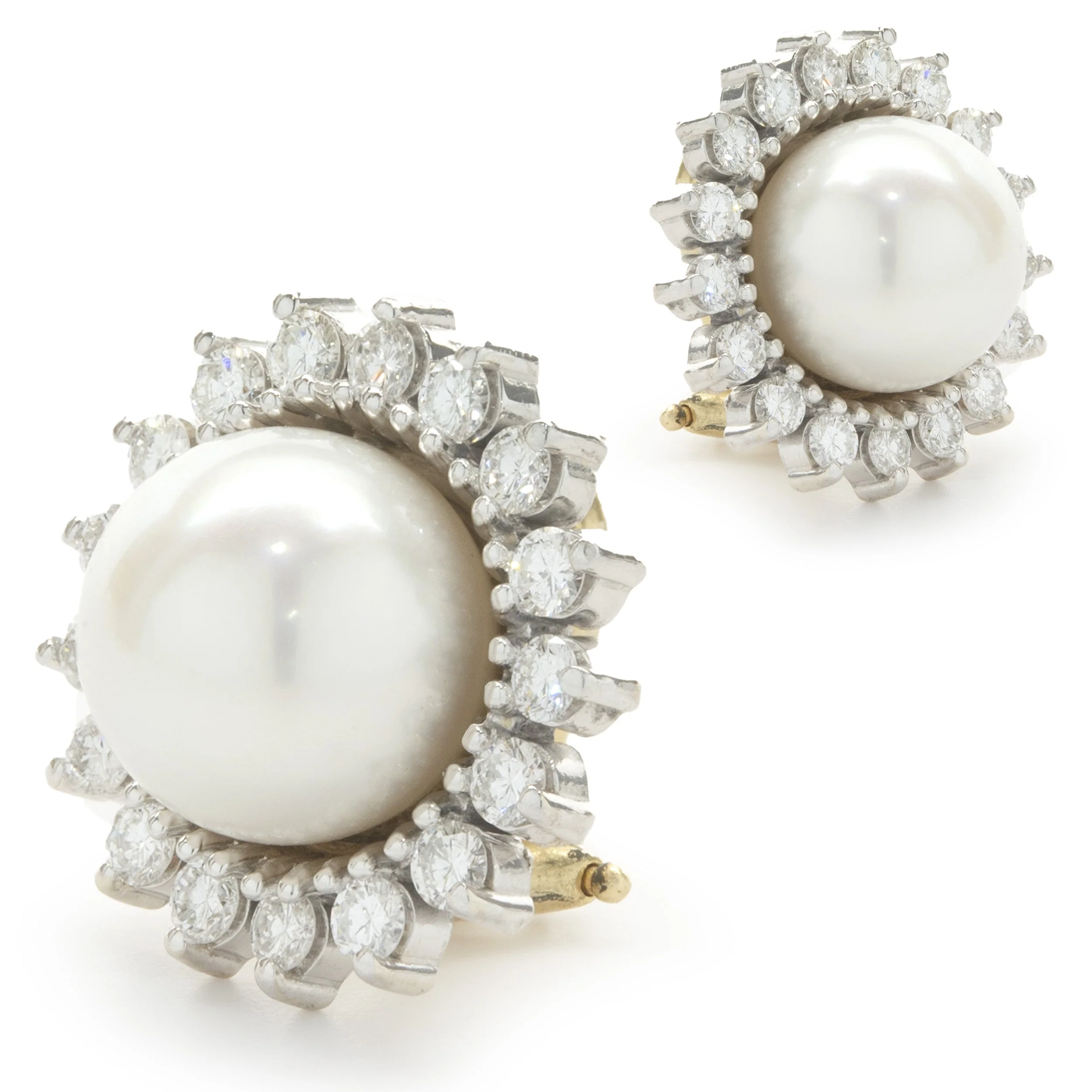 14 Karat Yellow Gold Pearl and Diamond Halo Earrings - Image 3
