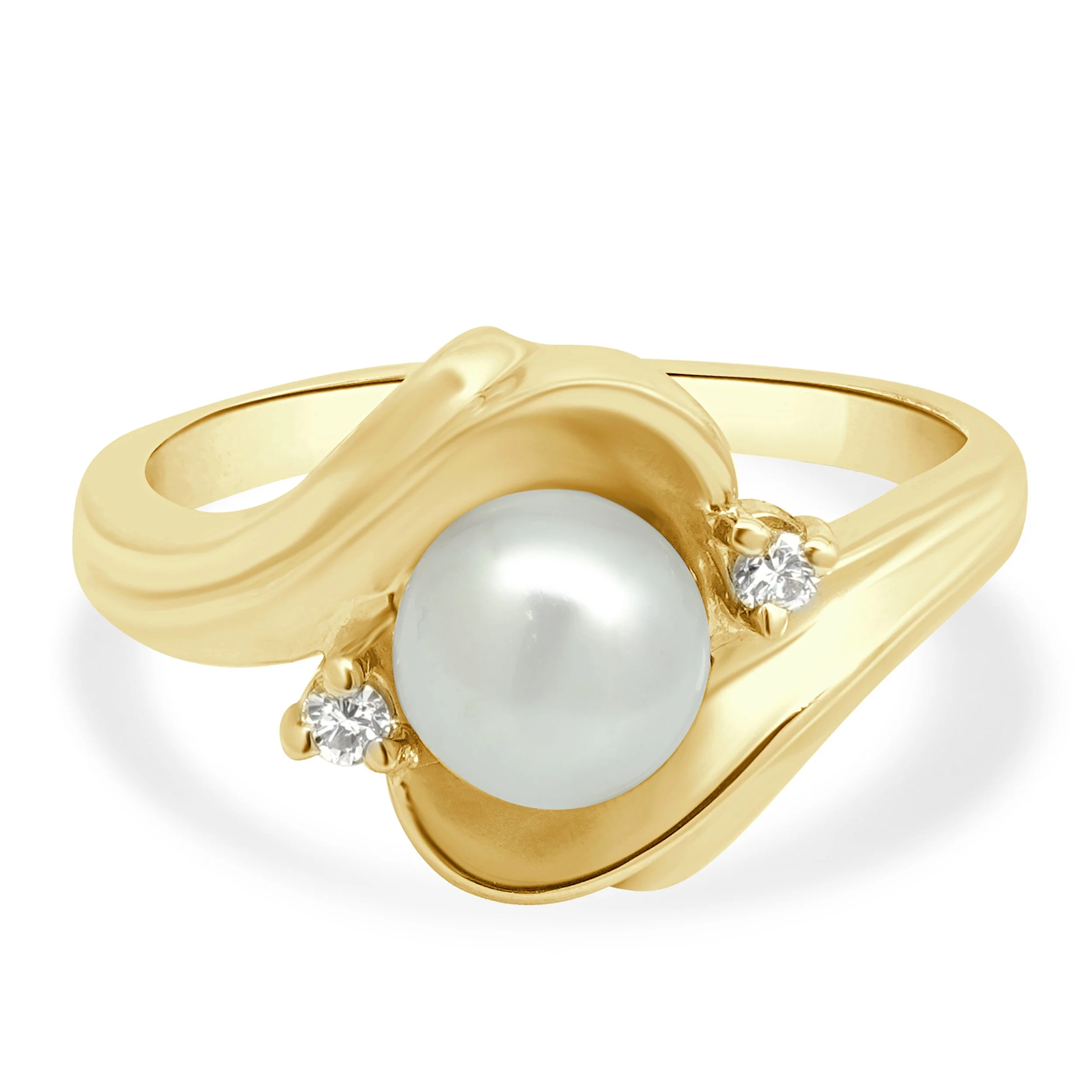 14 Karat Yellow Gold Pearl and Round Diamond Bypass Ring