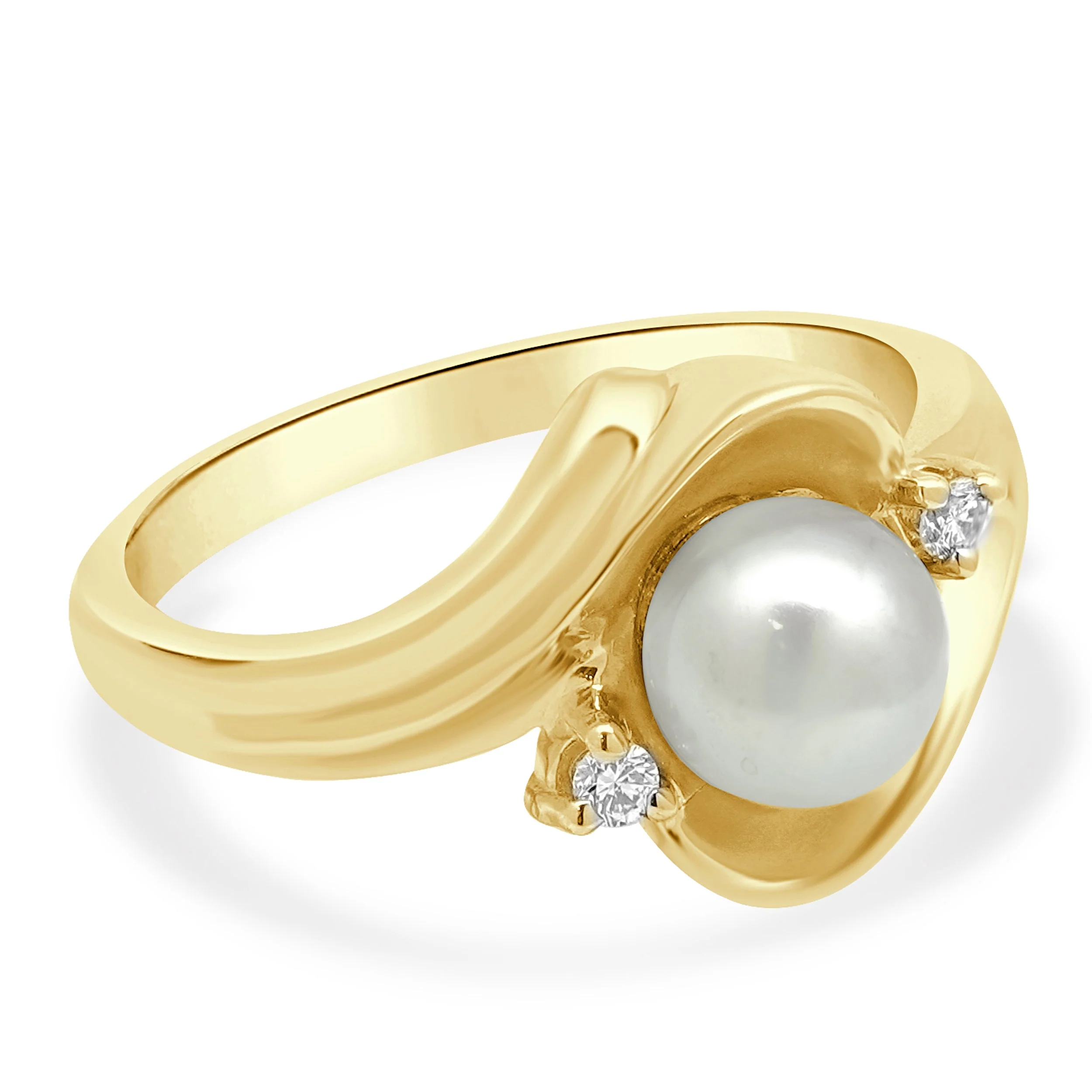 14 Karat Yellow Gold Pearl and Round Diamond Bypass Ring - Image 2